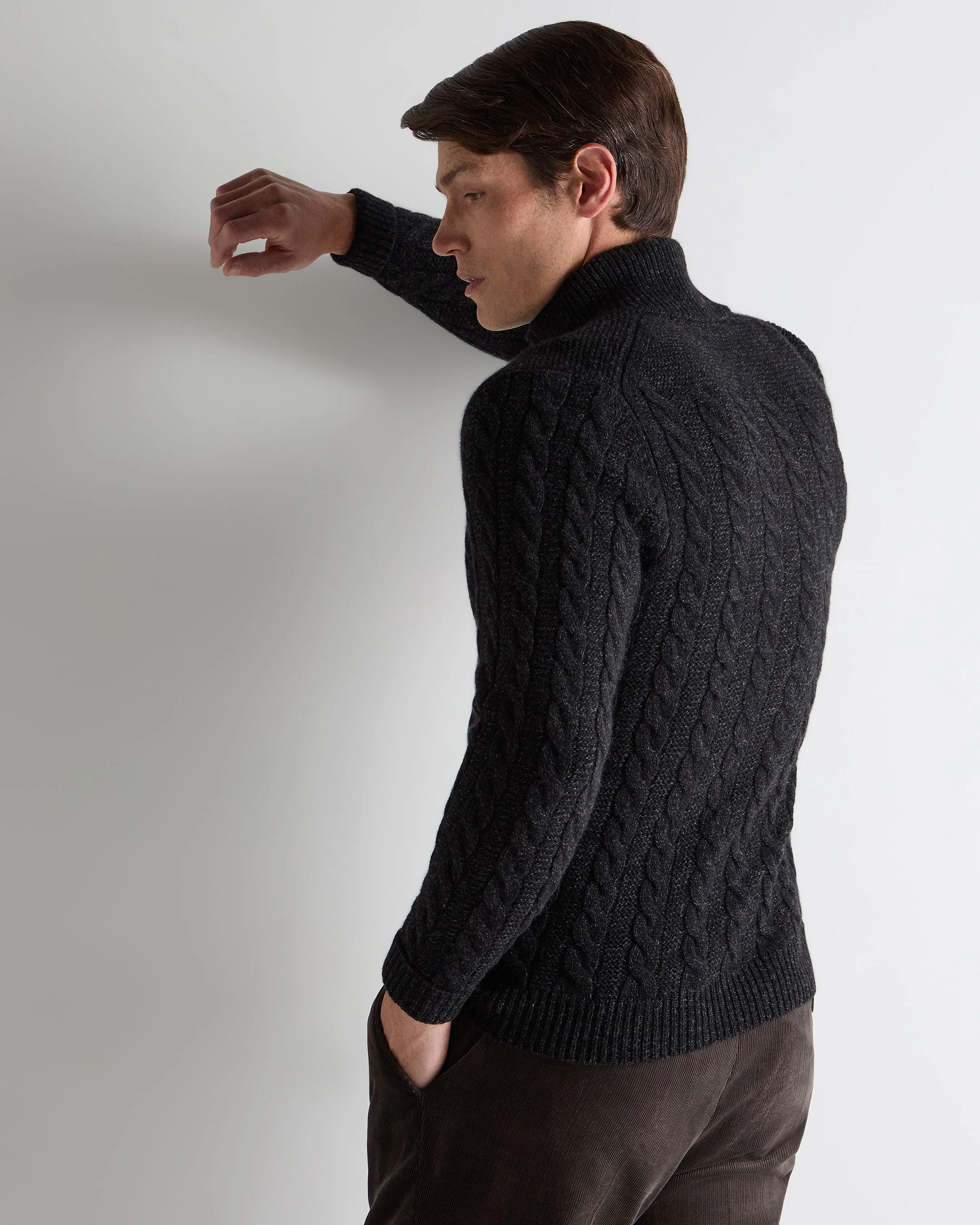 Men's Richmond Cable Cashmere Cardigan Charcoal Grey Melange