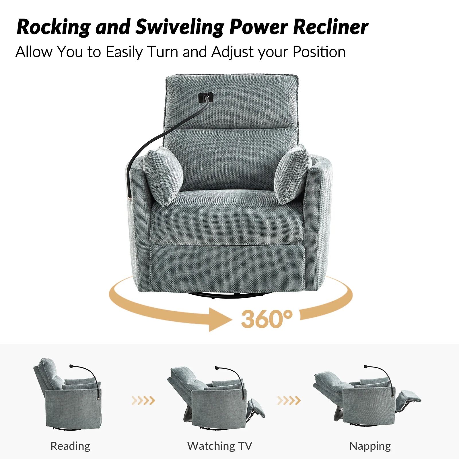 Archibald Power Rocking Swivel Nursery Recliner in Grey