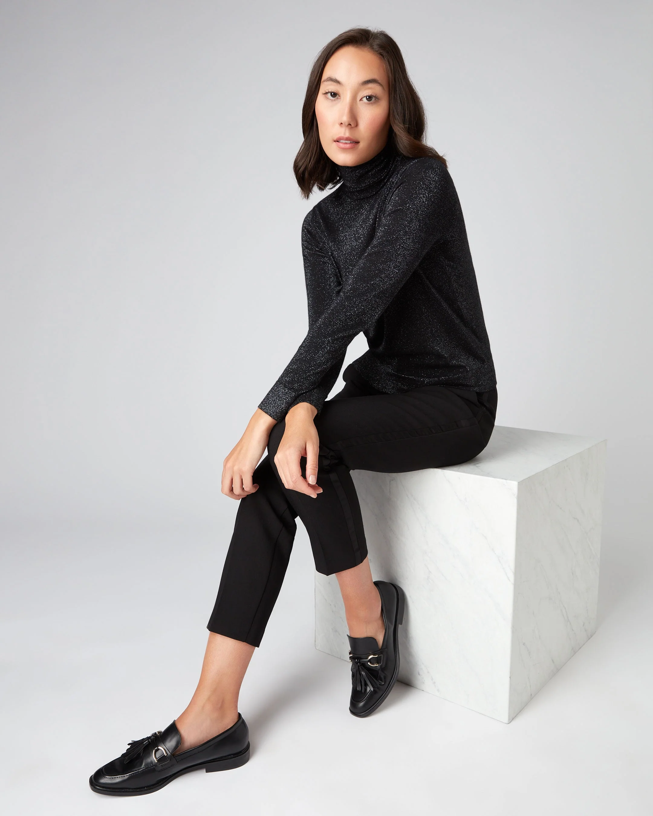 Women's Margot Superfine Cashmere Turtle Neck Sweater With Lurex Black Sparkle