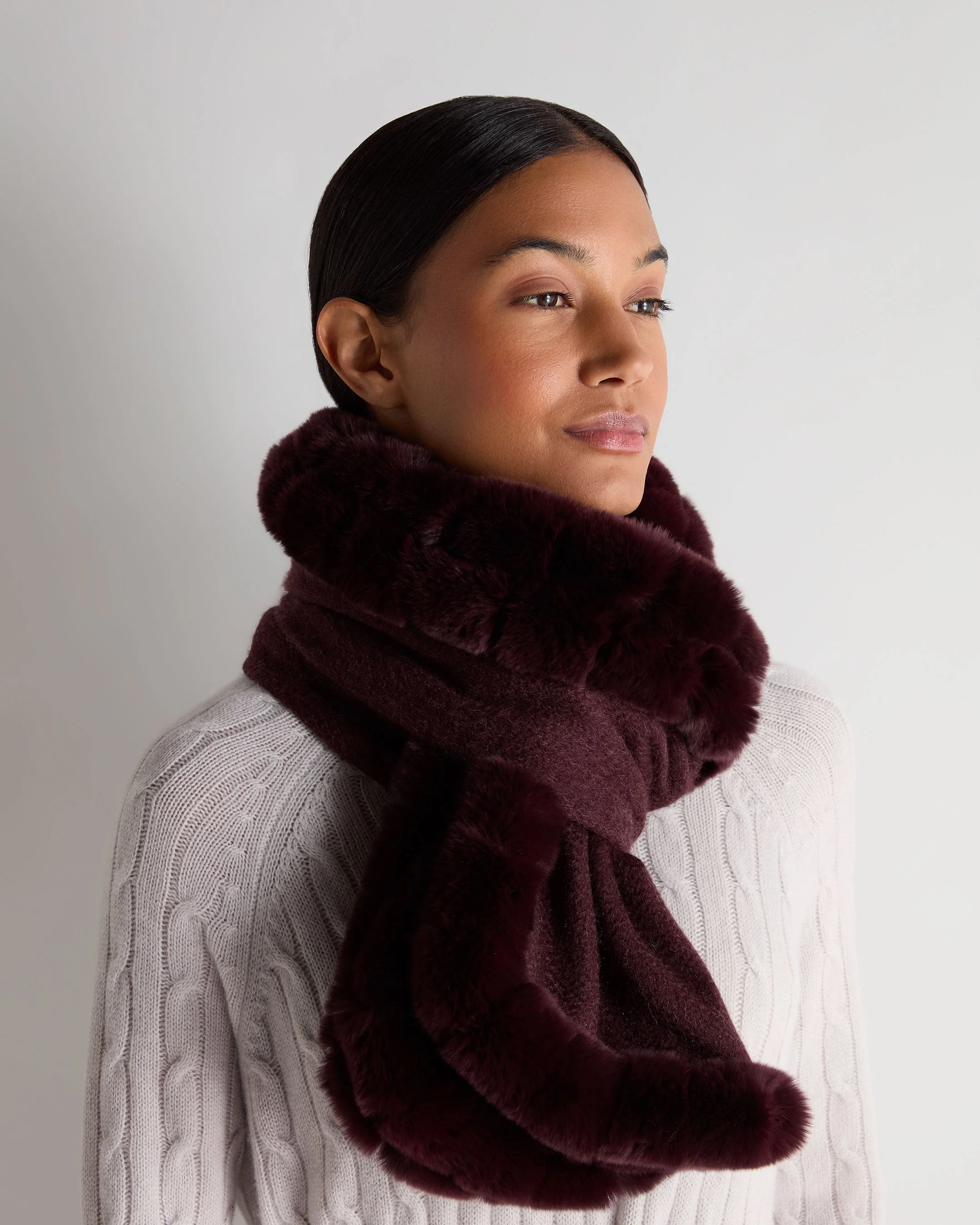 Women's Meribel Woven Fur Trim Scarf Claret Red