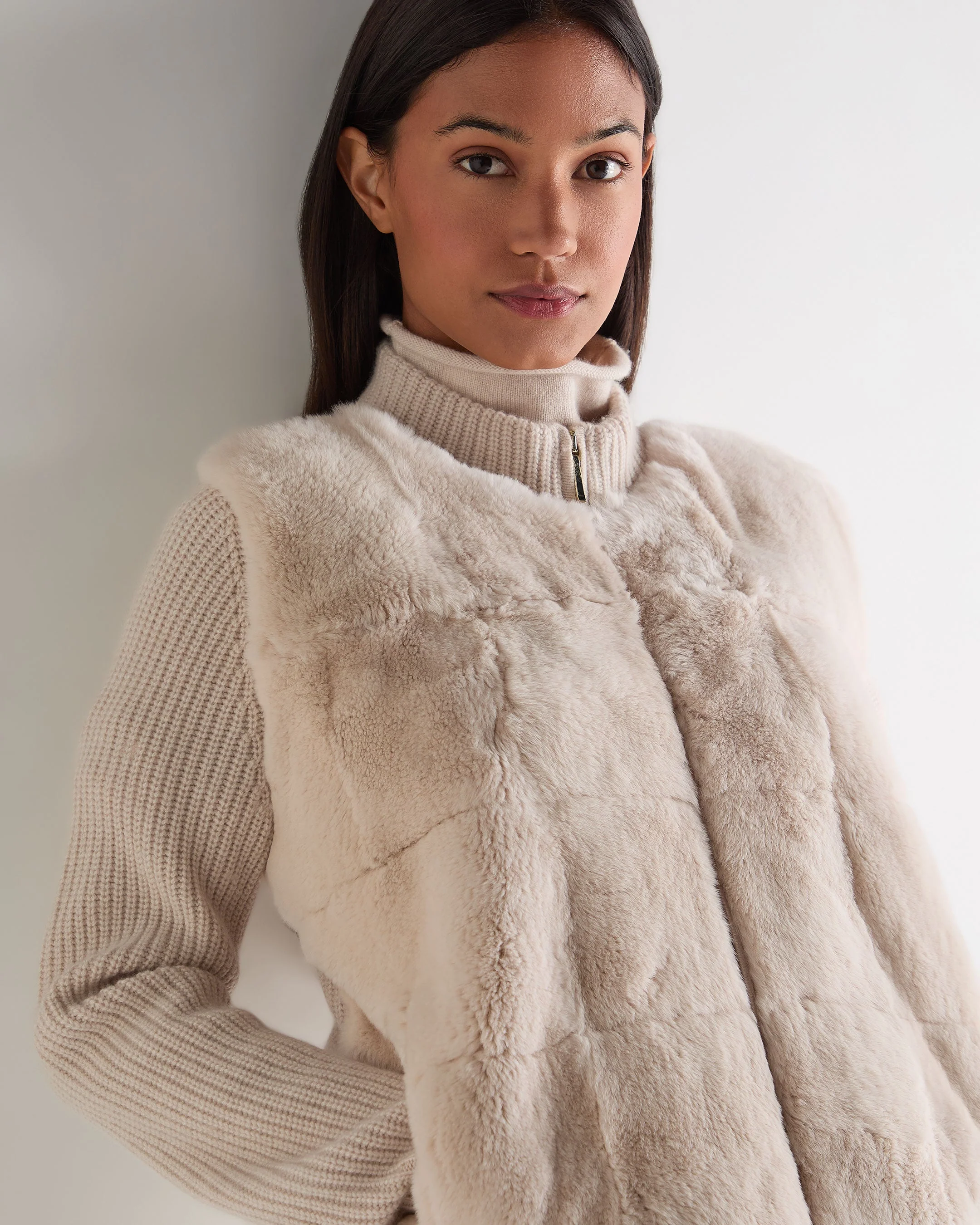 Women's Fur Trim Rib Cashmere Cardigan Ecru White