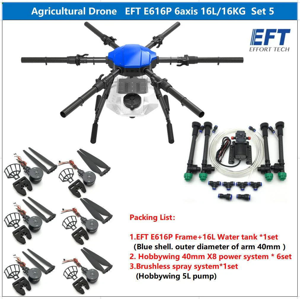 EFT E616P 16L Agriculture Drone - 6 Axis Drone Frame 16L Water Tank Spreader System Sprayer With Hobbywing X8 power, JIYI K++ V2, Skydroid H12, Tattu 12S 22000mAh Battery