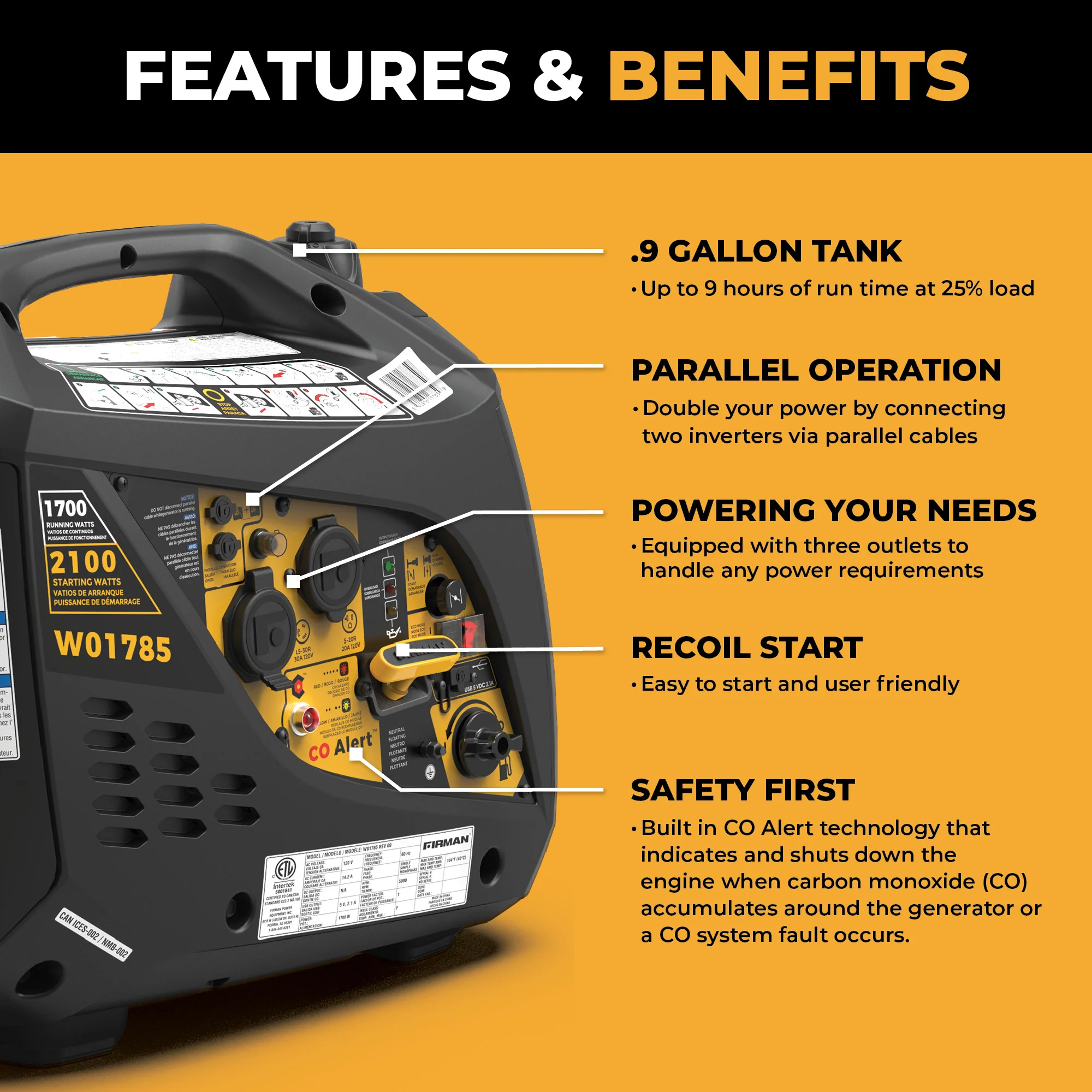 Inverter Portable Generator 2100W Recoil Start with CO Alert
