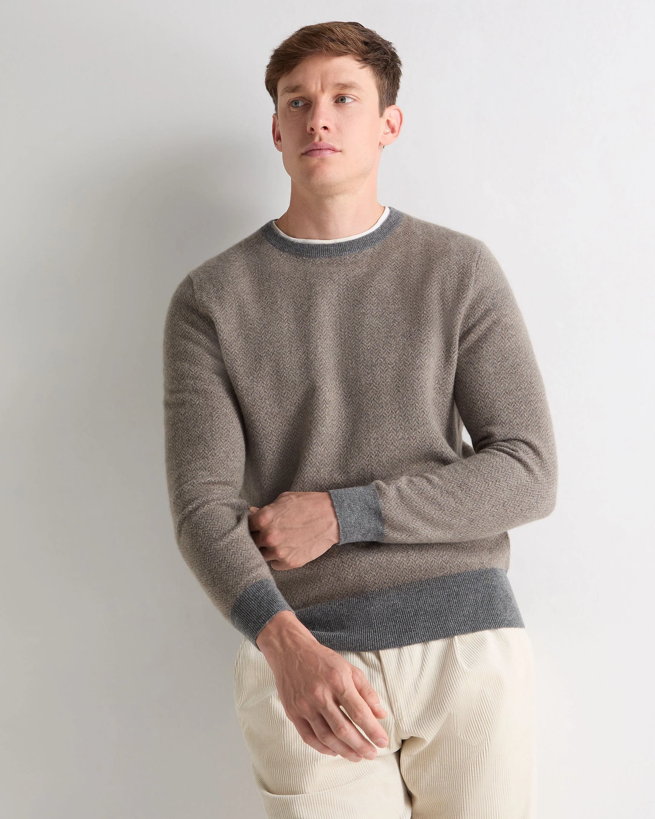 Men's Oxford Herringbone Round Neck Cashmere Sweater Smoky Herringbone Grey