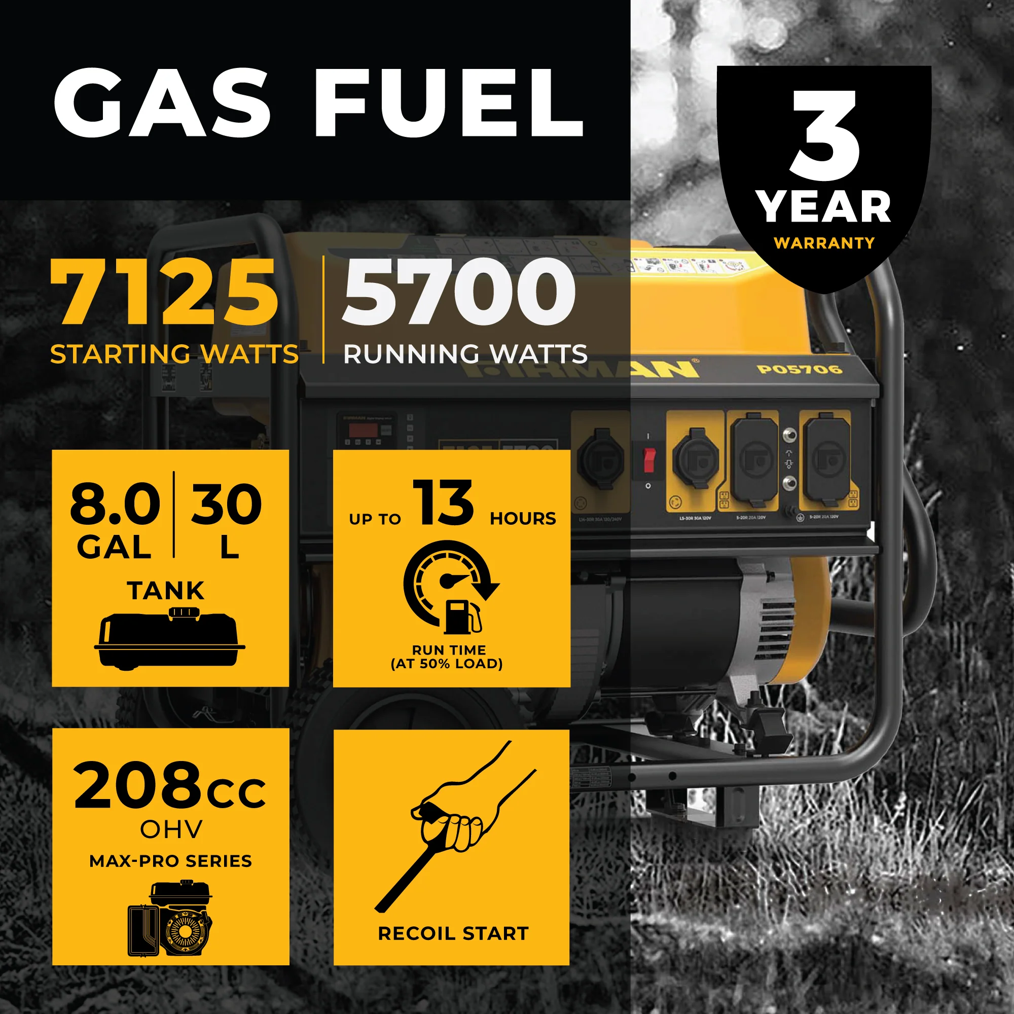 Gas Portable Generator 7125W Recoil Start 120/240V