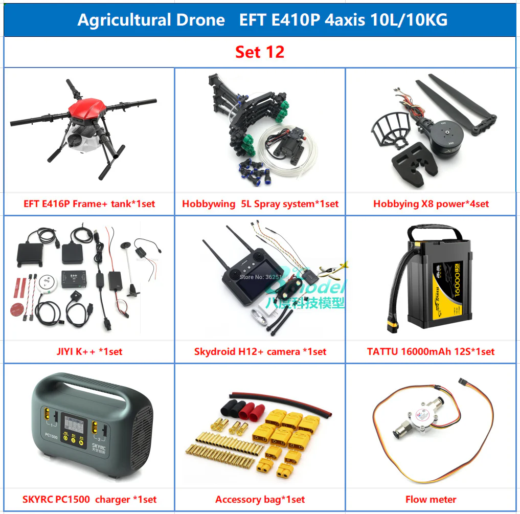 EFT E410P 10L Agriculture Drone - 4 Axis Agriculture Drone frame  10L Water Tank 30inch Propeller Compact With Hobbywing X8, JIYI K3A Pro,Skydroid H12
