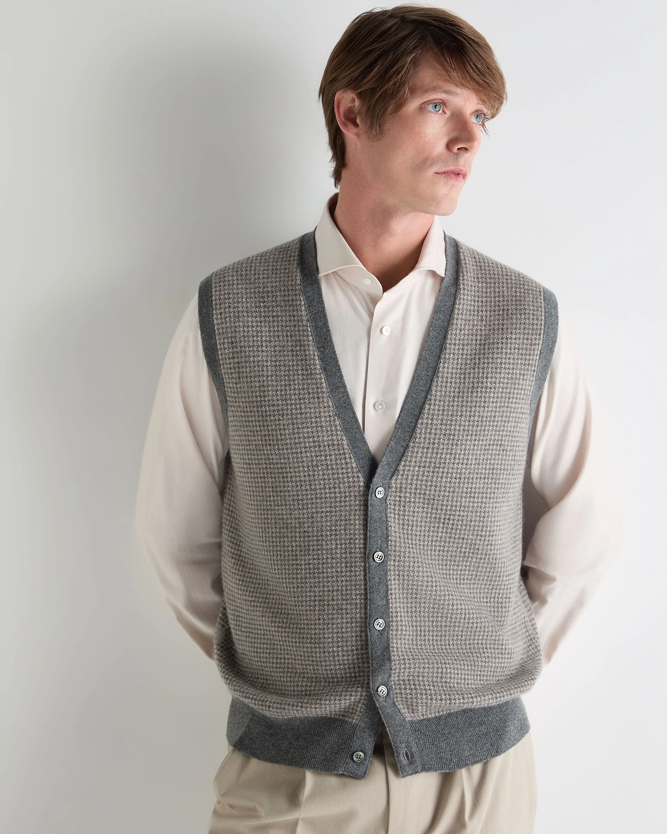 Men's Sleeveless Cashmere Tank Top Oatmeal Houndstooth Brown