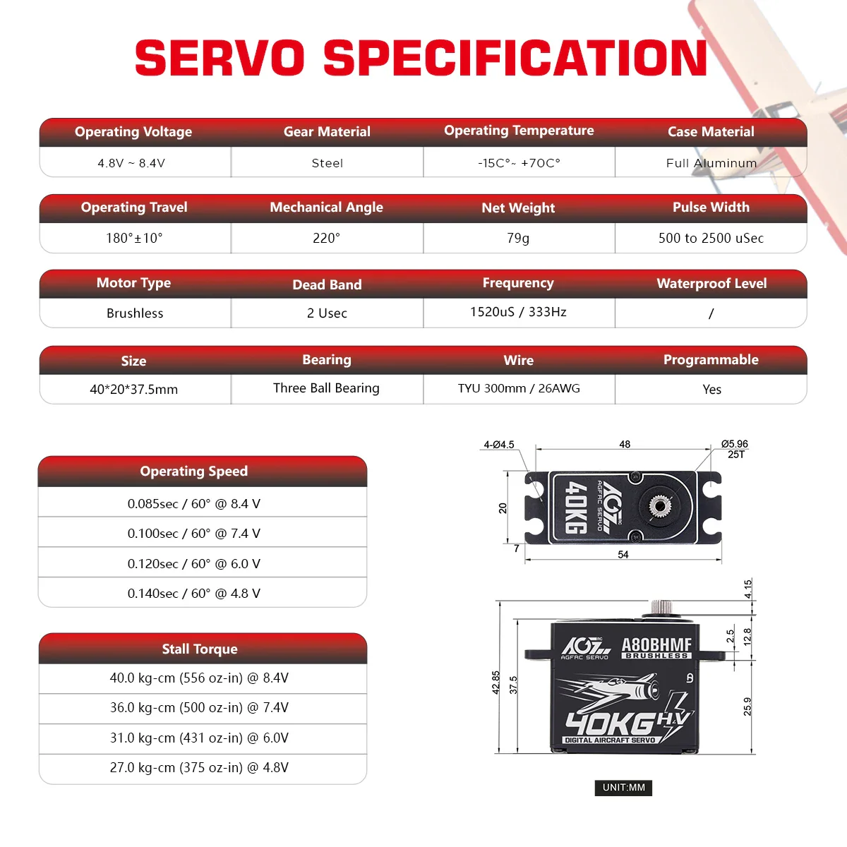 AGFRC A80BHMF -  40kg Aircraft Servo  Programmable Steel + Titanium Gear Digital Brushless Standard Servo For 30-200CC RC Airplane
