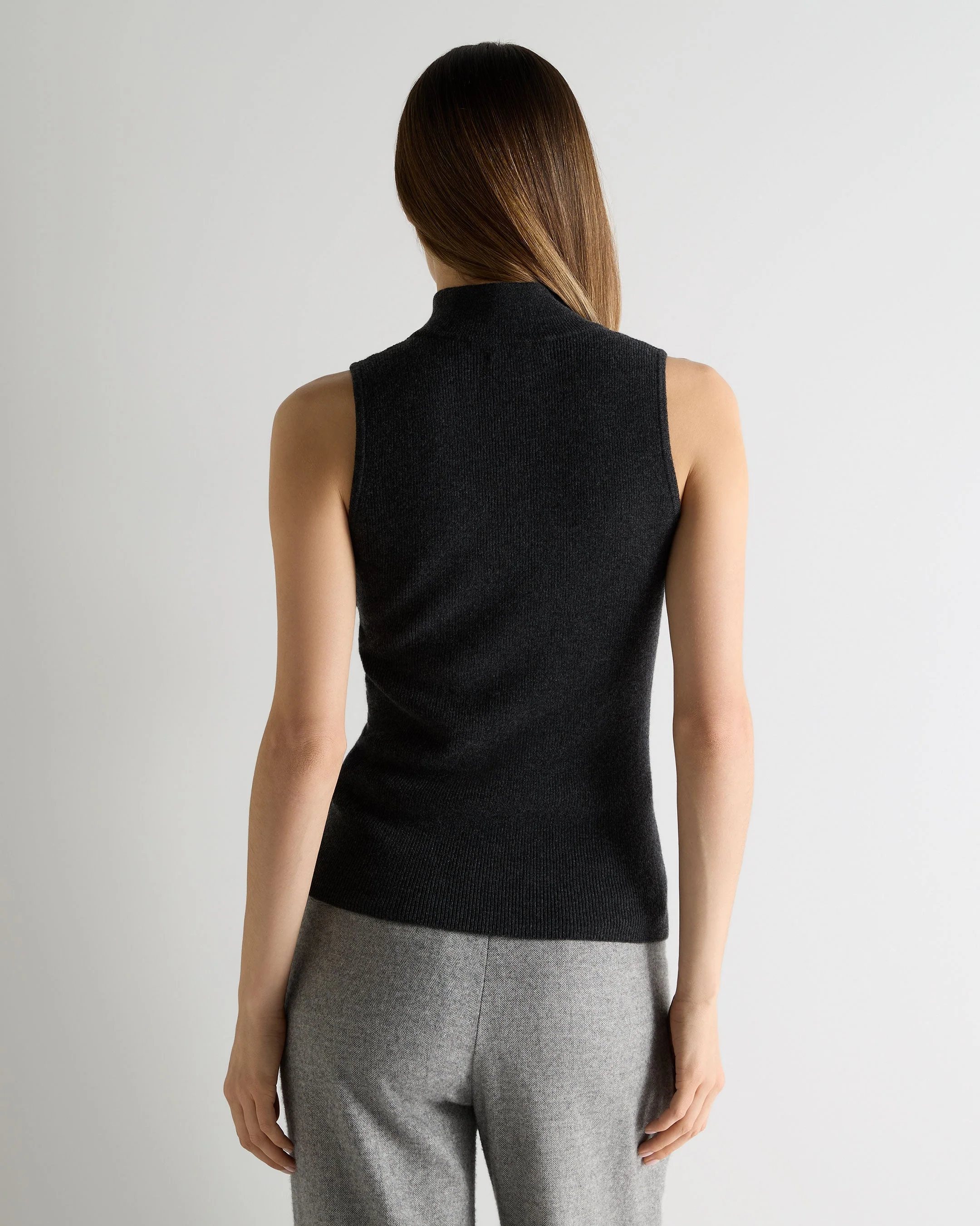 Women's Turtle Neck Cashmere Tank Top With Metal Trim Deep Charcoal Grey