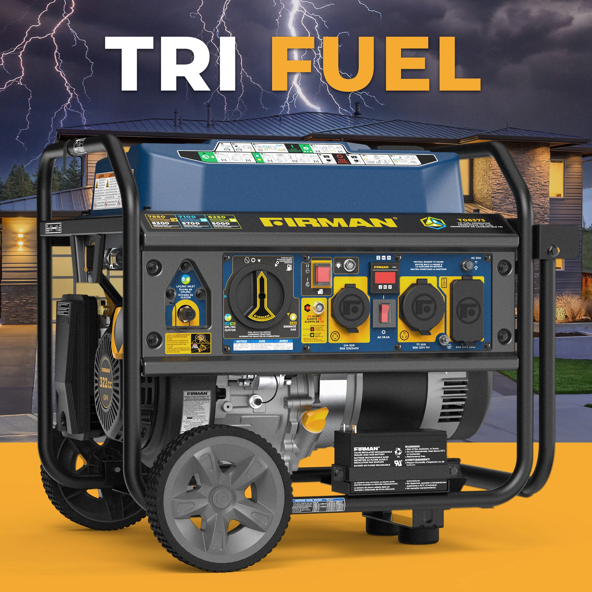 Tri Fuel Portable Generator 7850/6300W Electric Start Gas CO Alert