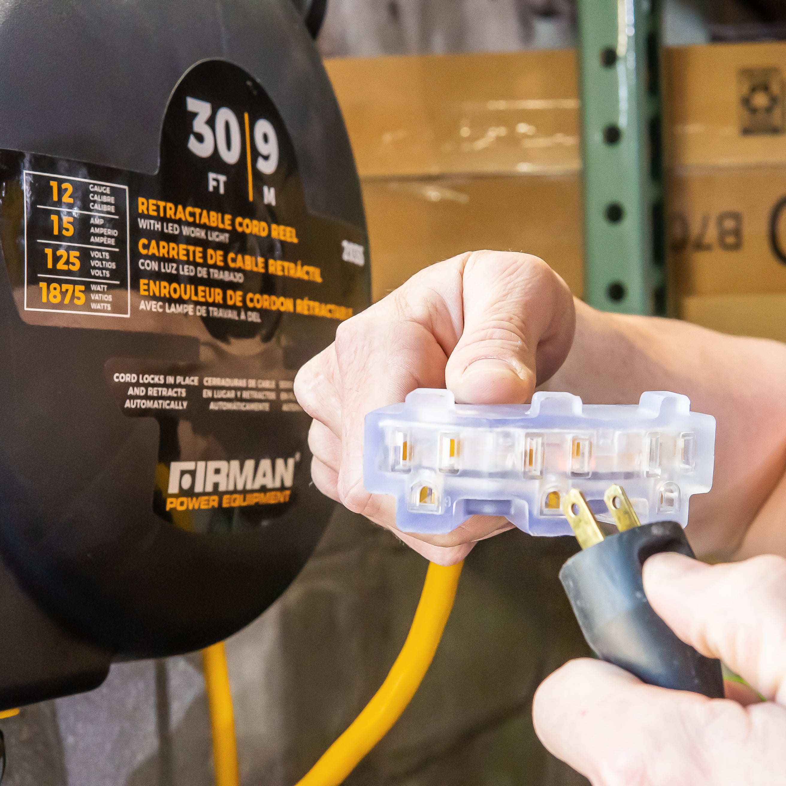 30ft Retractable Extension Cord Reel 5-15P to 4x5-20R