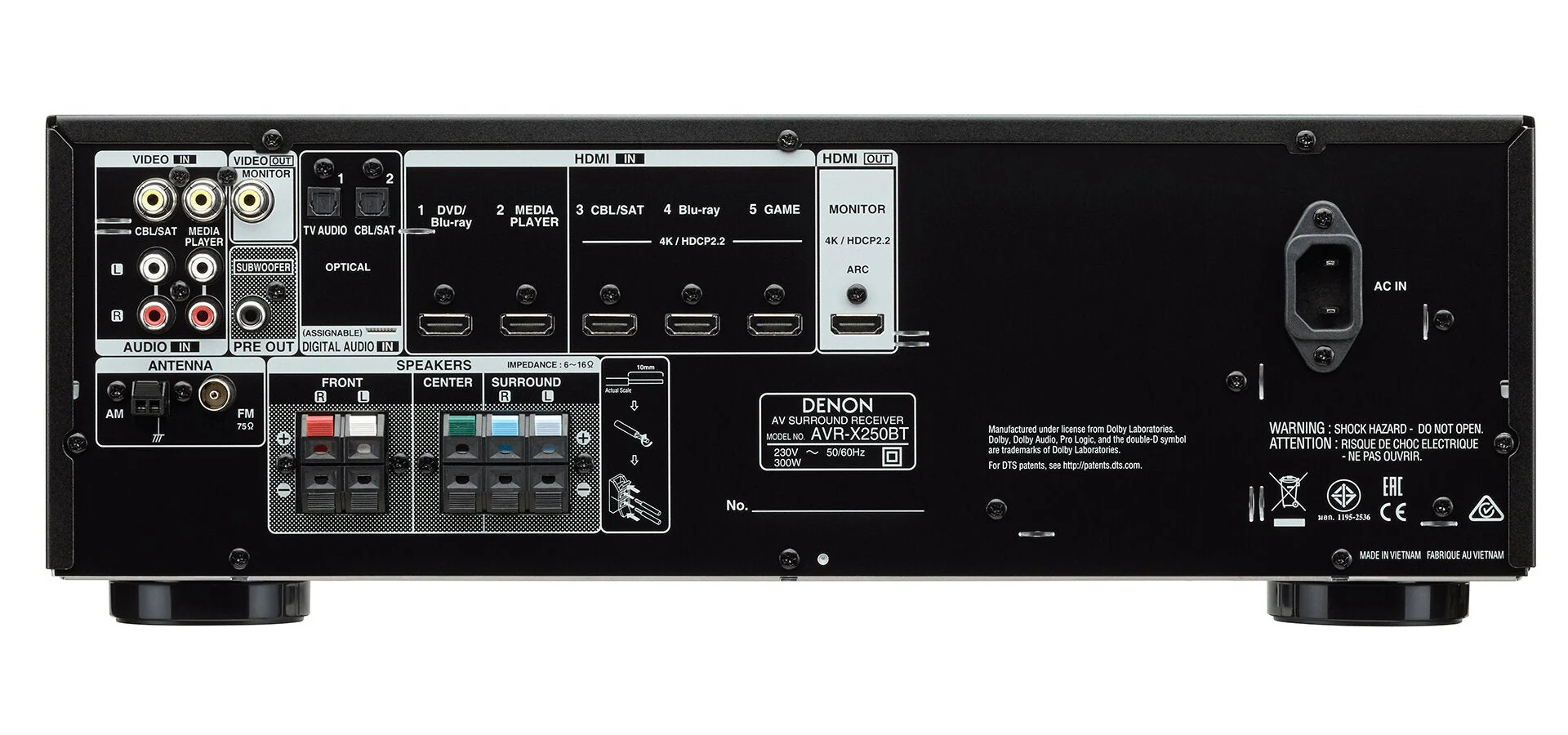 Denon AVR-X250BT 220 volts AV Receiver Amplifier 5.1 Ch. 4K Ultra HD with Bluetooth 220v 240 volt