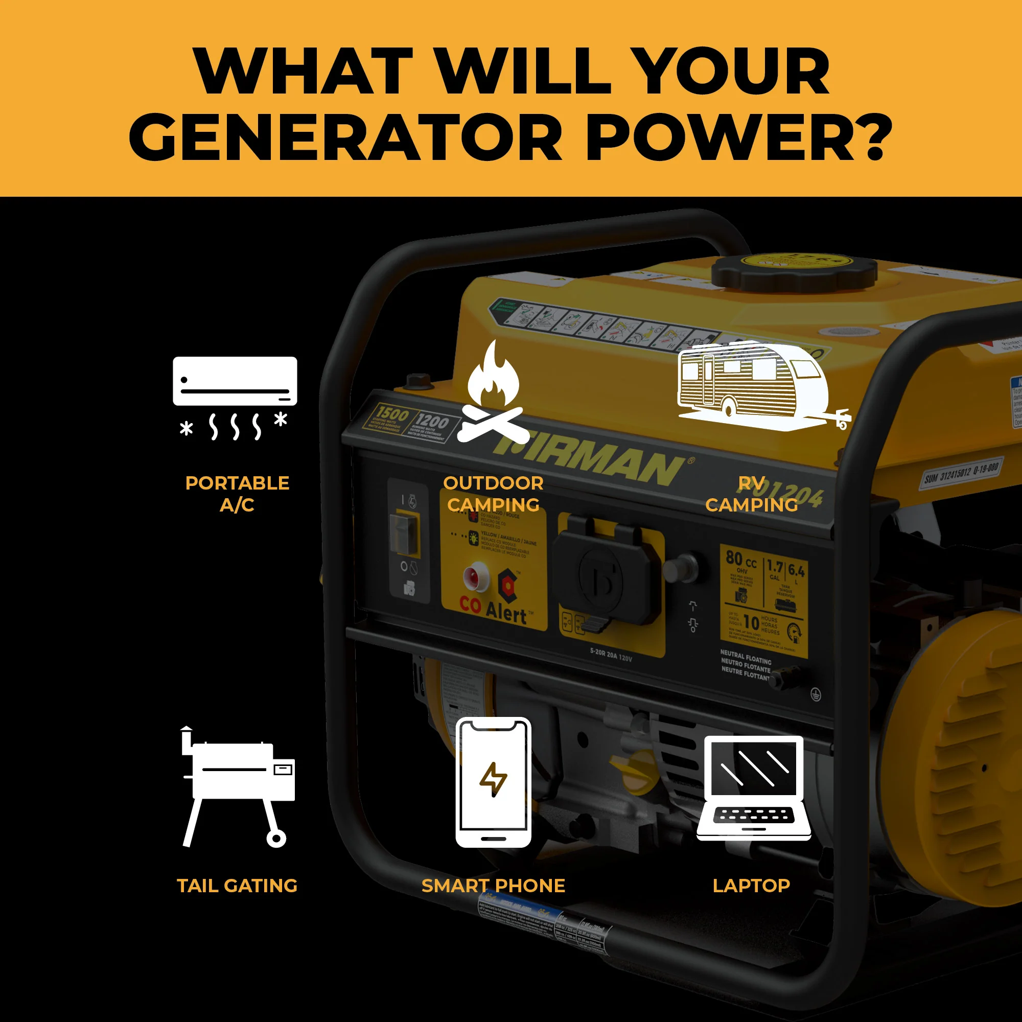Gas Portable Generator 1500W Recoil Start with CO alert