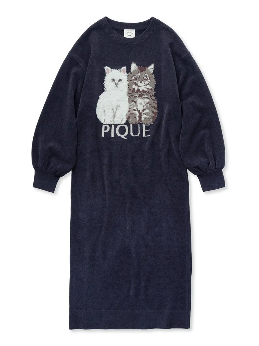 Airy Moco Twin Cats Jacquard Dress