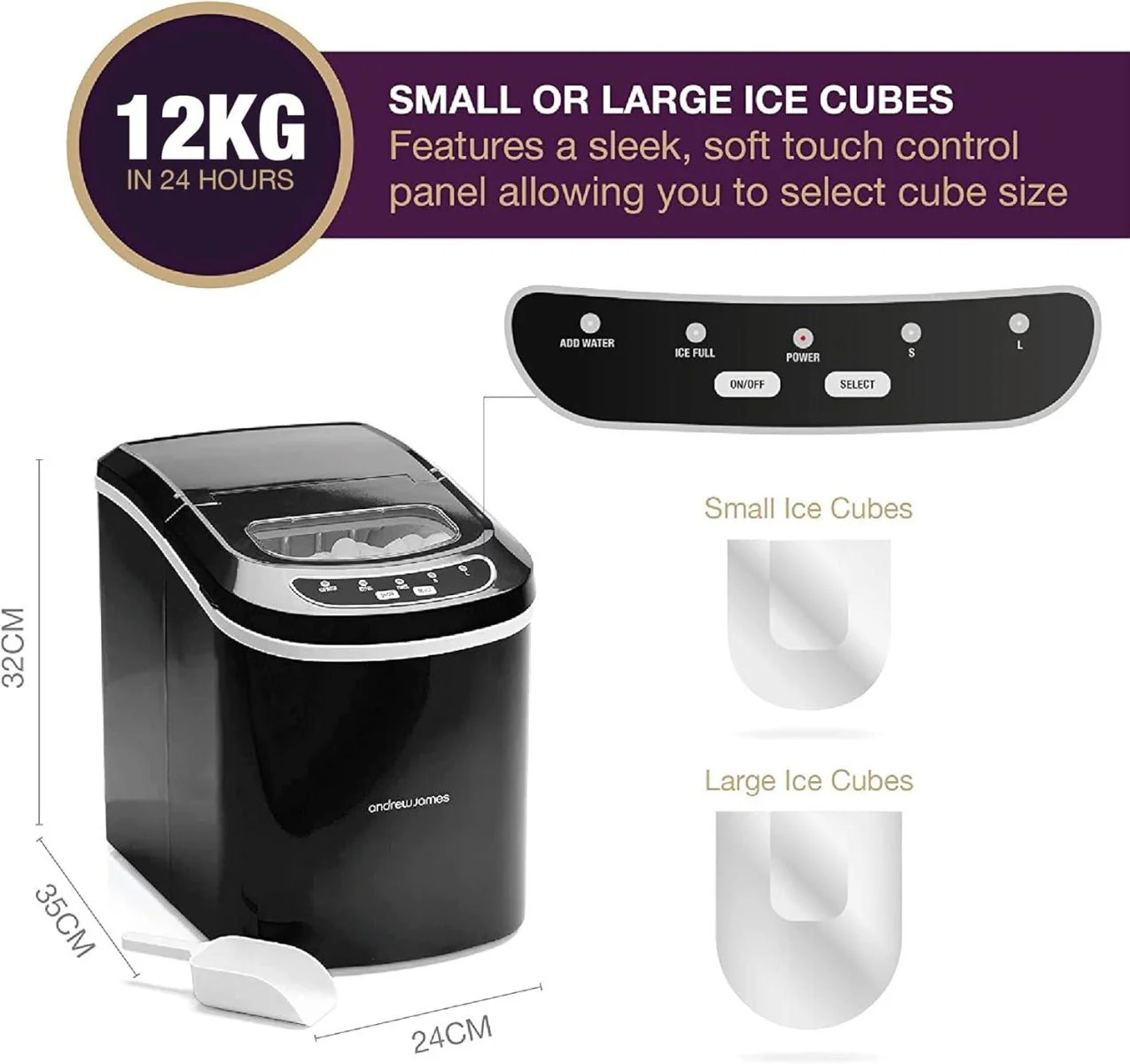 Andrew James 220 volt ice maker Countertop Ice cube maker 2.2 Liter 12KG in 24 Hours ice maker BLACK 220v 50hz 240 volts 50 hz