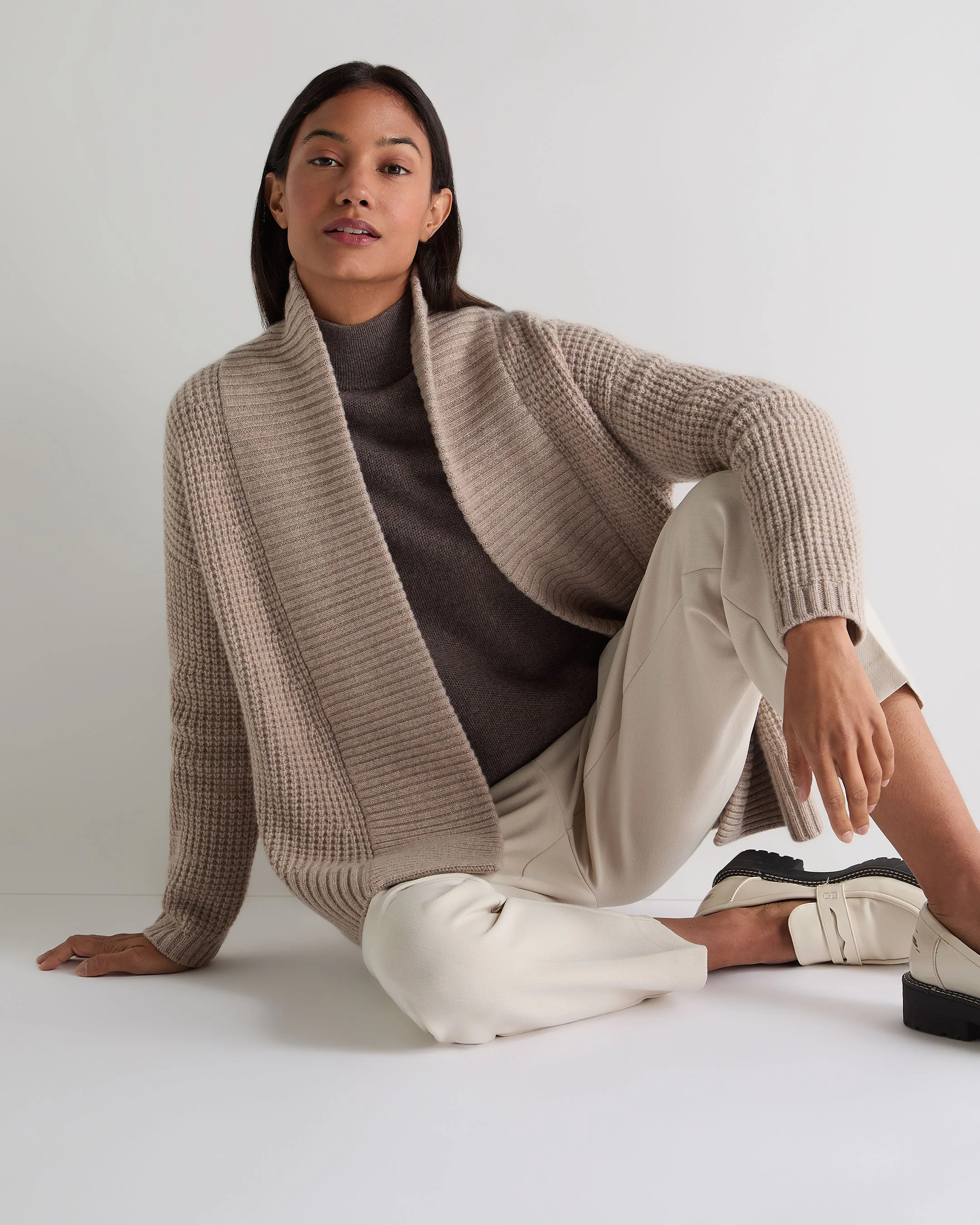 Women's Chunky Moss Stitch Cashmere Cardigan Oatmeal Brown