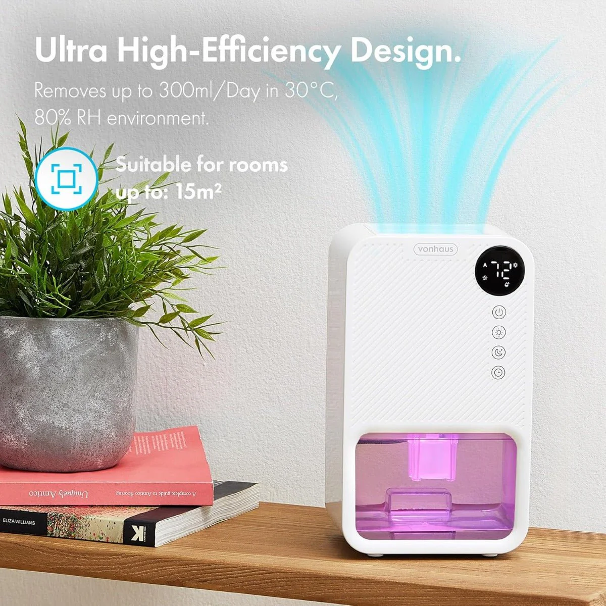 VonHaus 220 volt Dehumidifier 1100ml small portable with LED Display, 24 Hour Timer, Night Mode