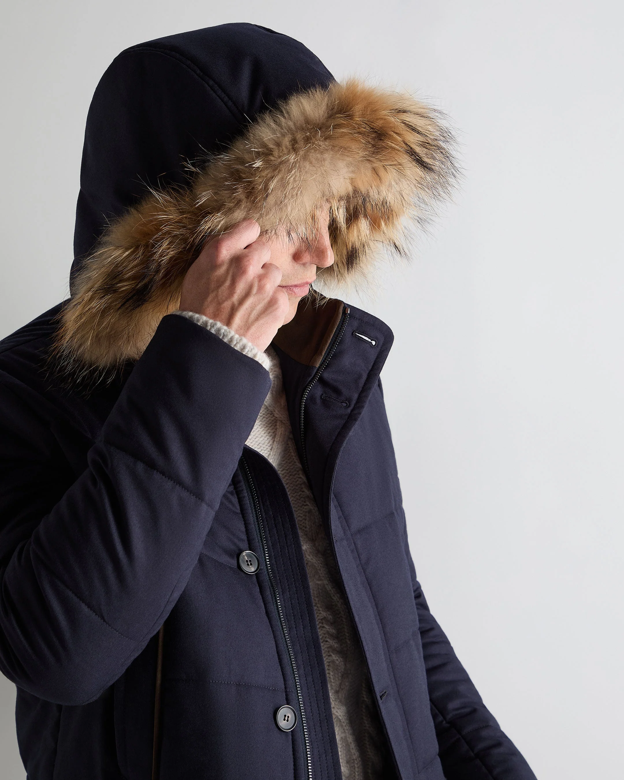 Men's Fur Trim Coat Navy Blue