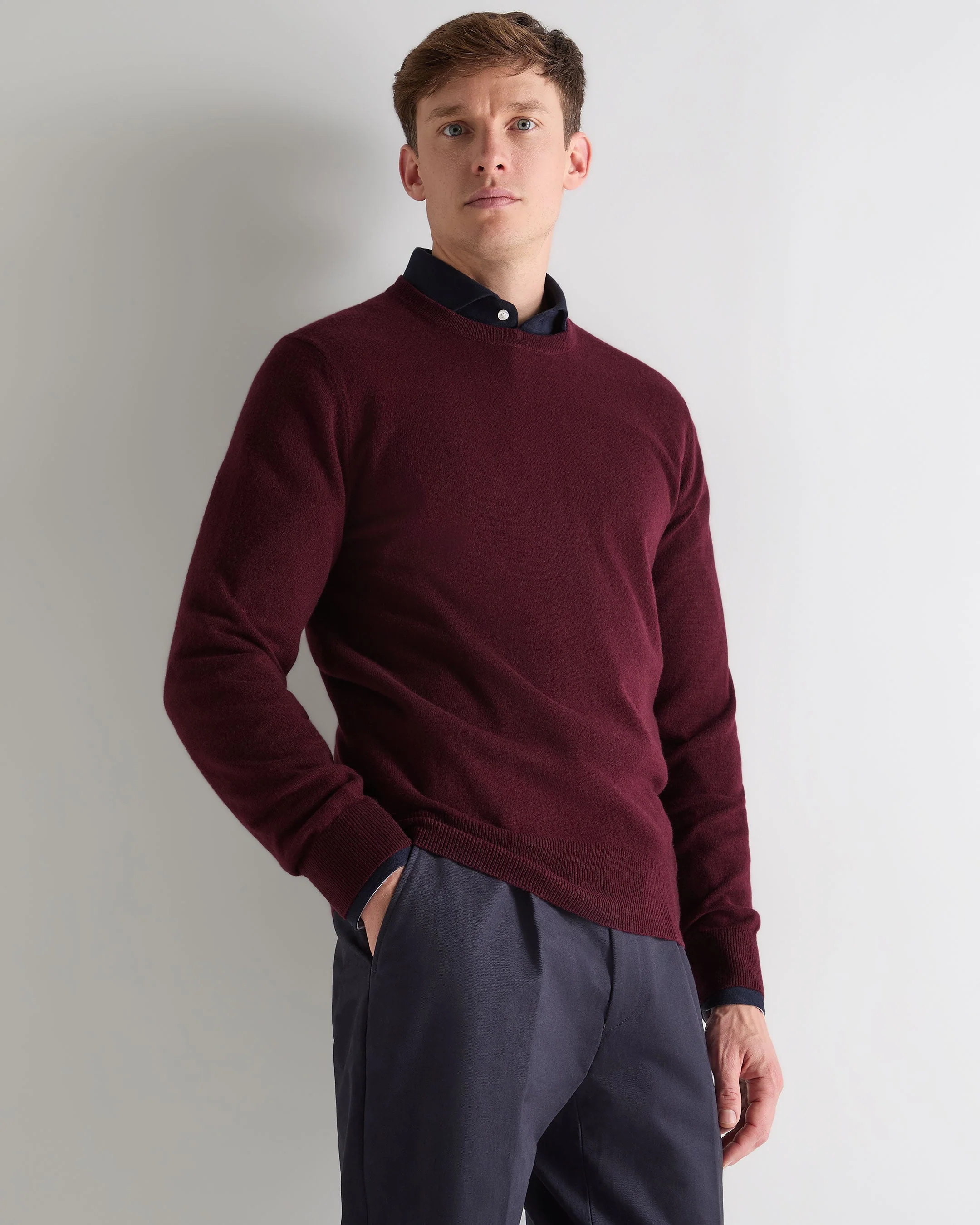 Men's Oxford Round Neck Cashmere Sweater Bordeaux Red