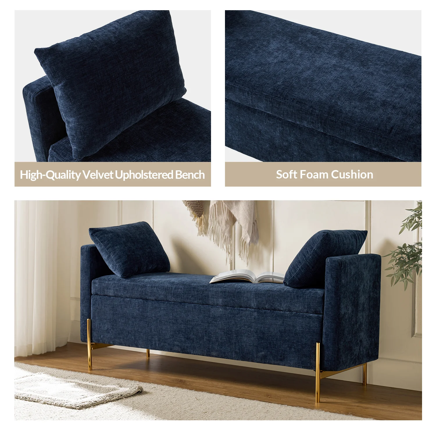 Arrigo Upholstered Flip Top Storage Bench in Navy