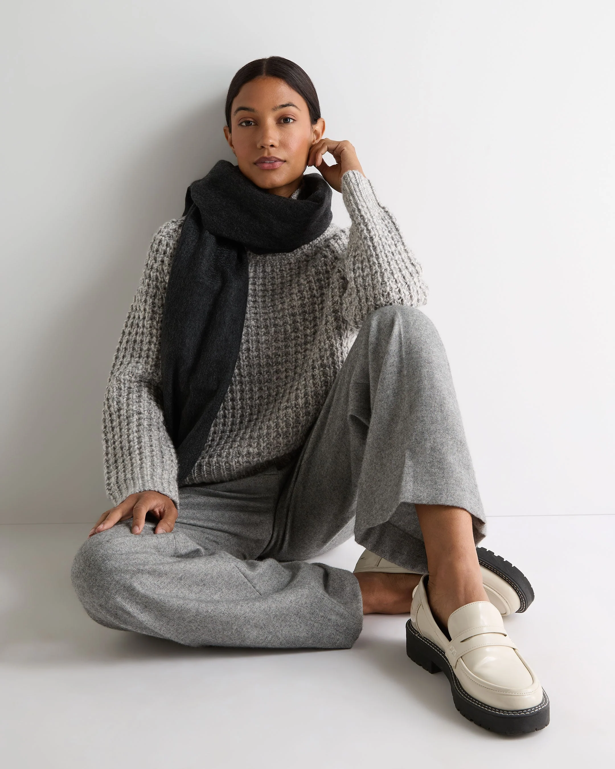 Women's Super Chunky Rib Cashmere Sweater Flannel Grey Marl