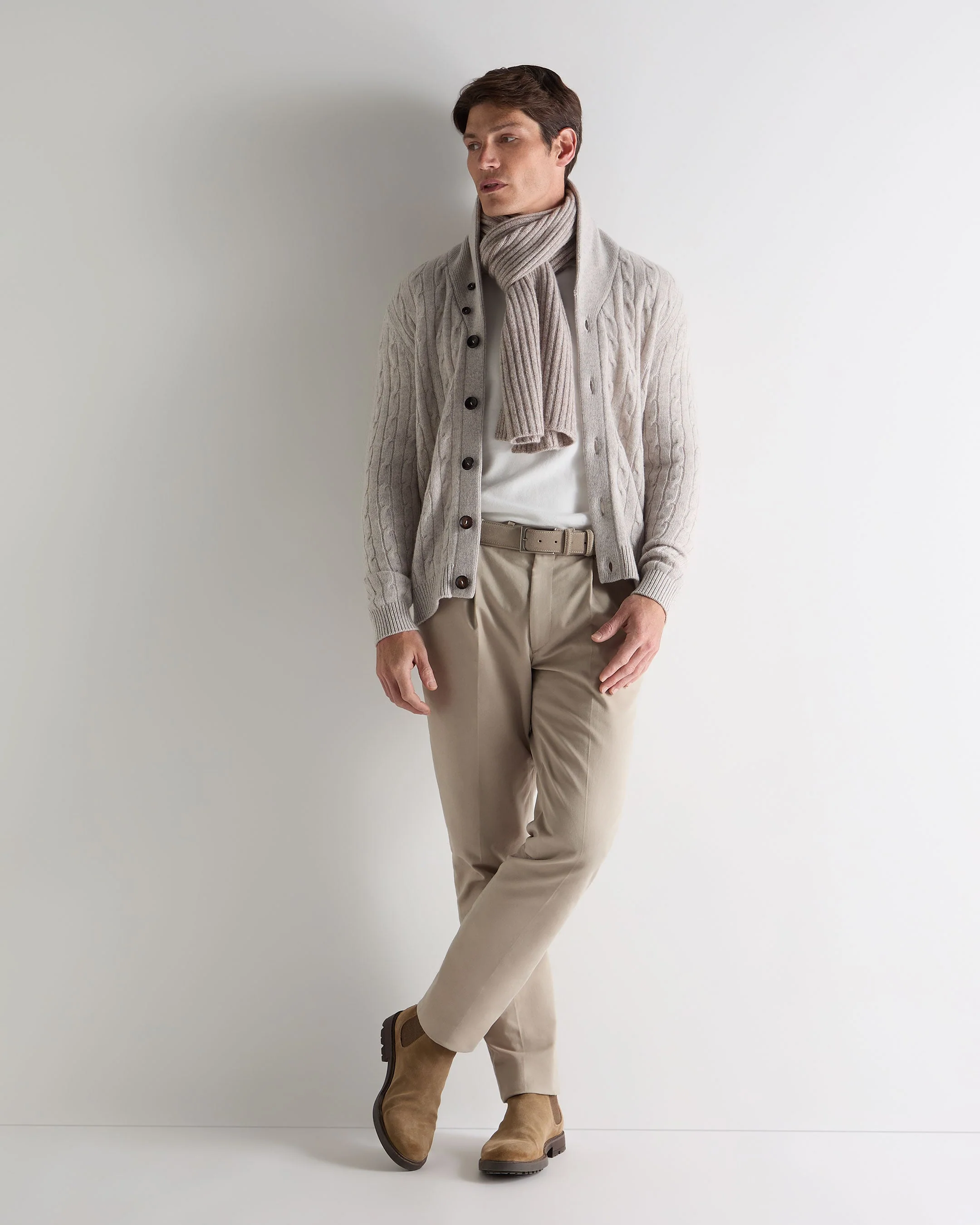 Men's Garrick Shawl Cable Cashmere Cardigan Nougat Brown Marl