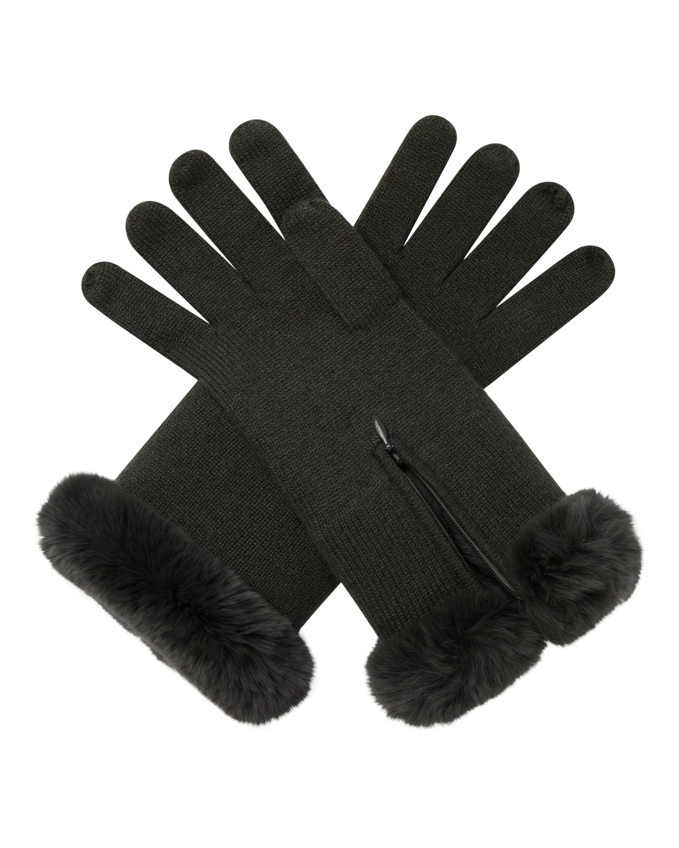 Women's Fur Trim Cashmere Gloves Arabica Khaki Green