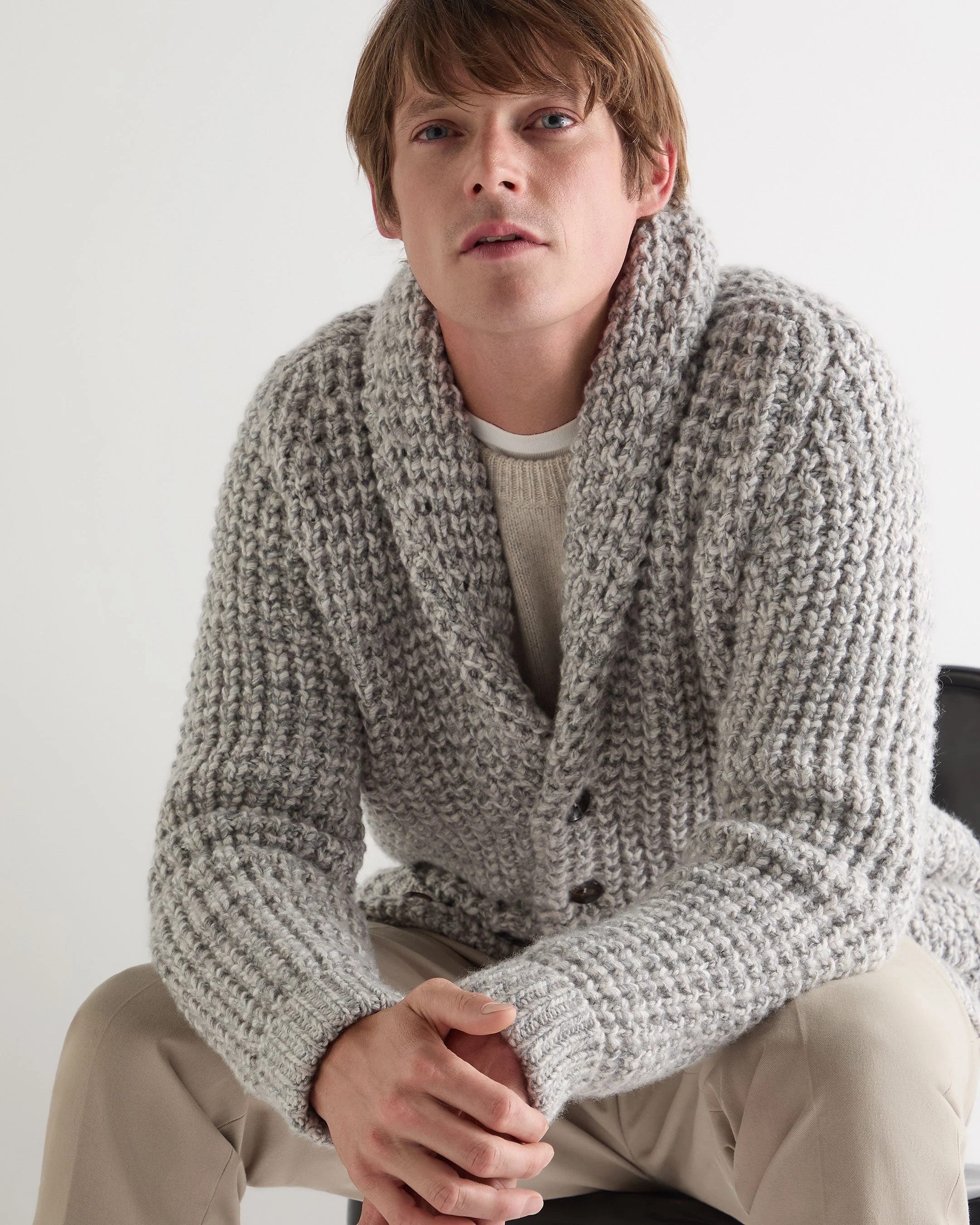 Men's Textured Kensington Cashmere Cardigan Flannel Grey Marl