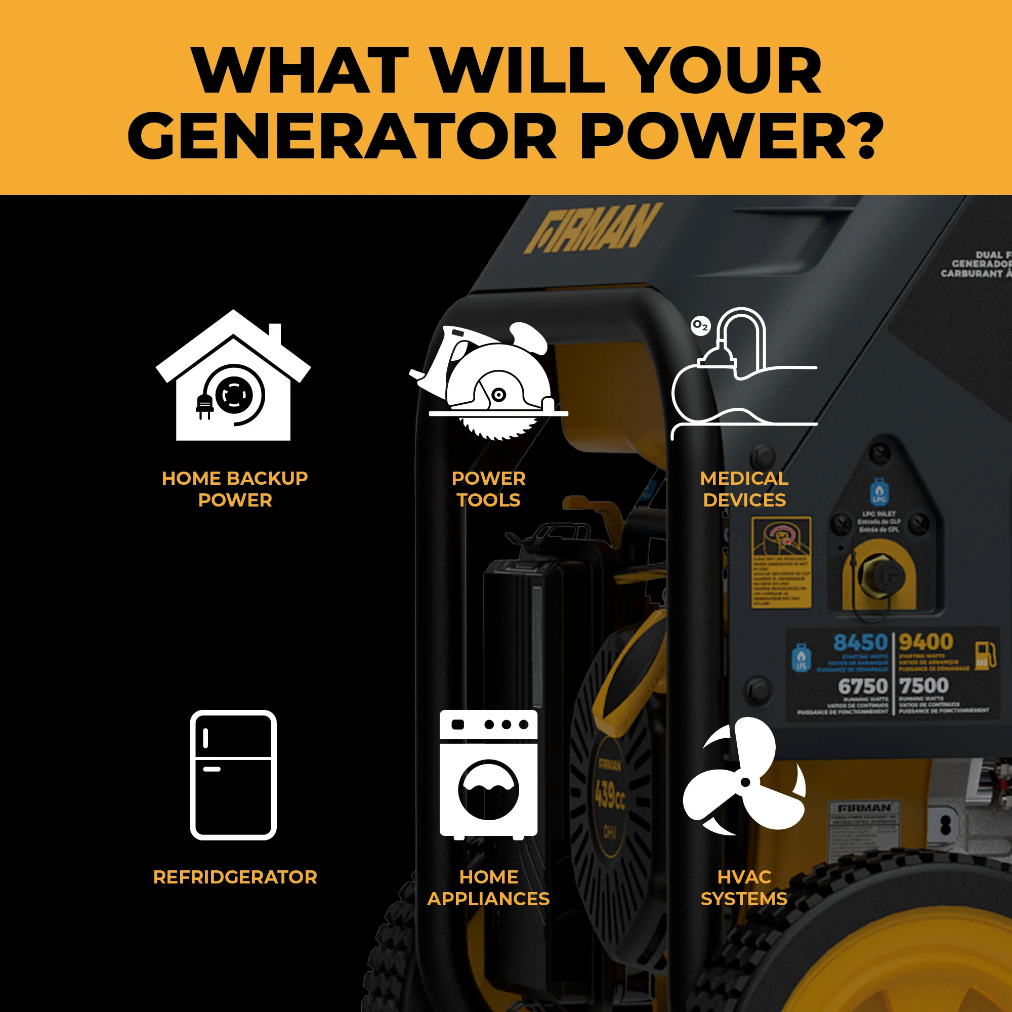 Dual Fuel Portable Generator 9400W Electric Start 120/240V with CO Alert
