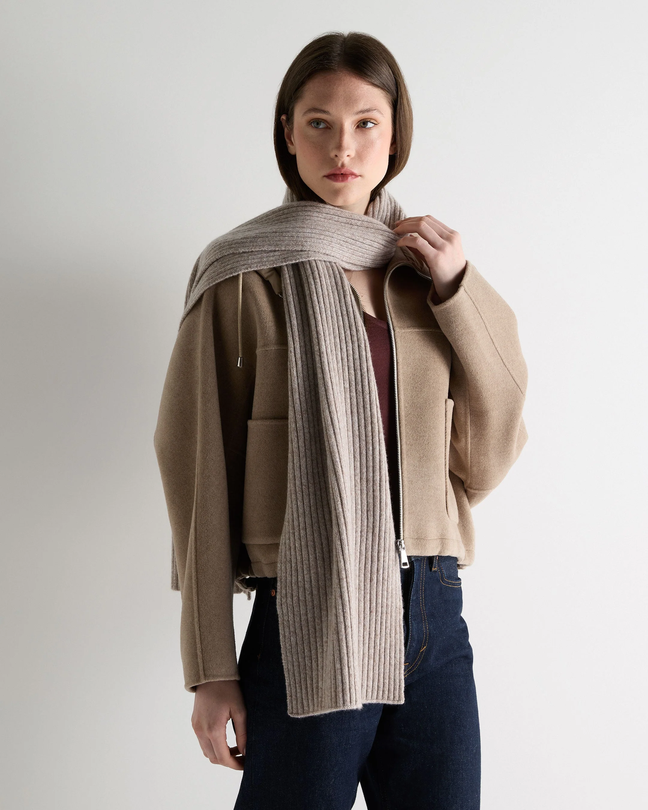 Unisex Chunky Rib Cashmere Scarf Basilica Beige Brown Marl