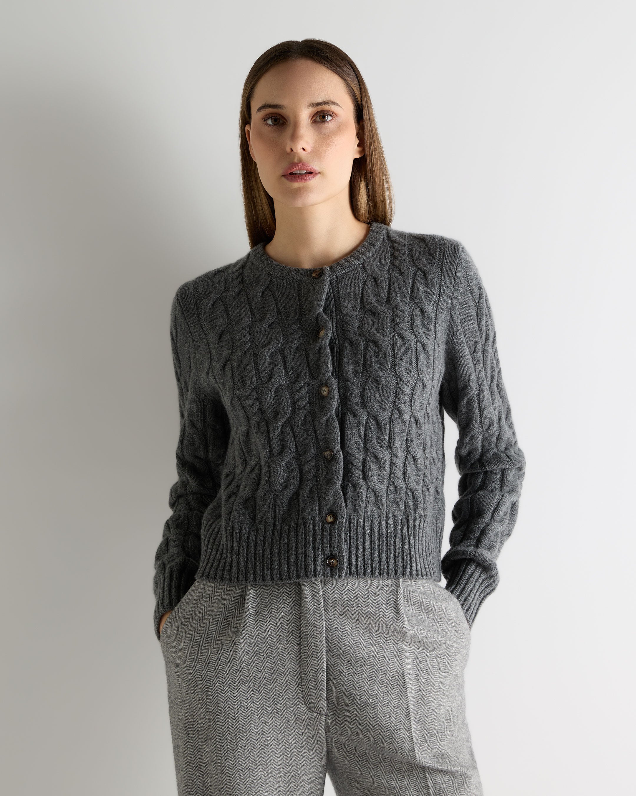 Women's Cable Cashmere Cardigan Elephant Grey