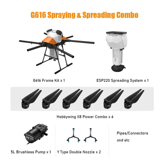 EFT G616 16L Agriculture Drone - 6 Axis 16kg 16L farming spraying system spreader sprayer drone compact with Hobbywing X8 JIYI K3A Pro FC, Skydroid T12