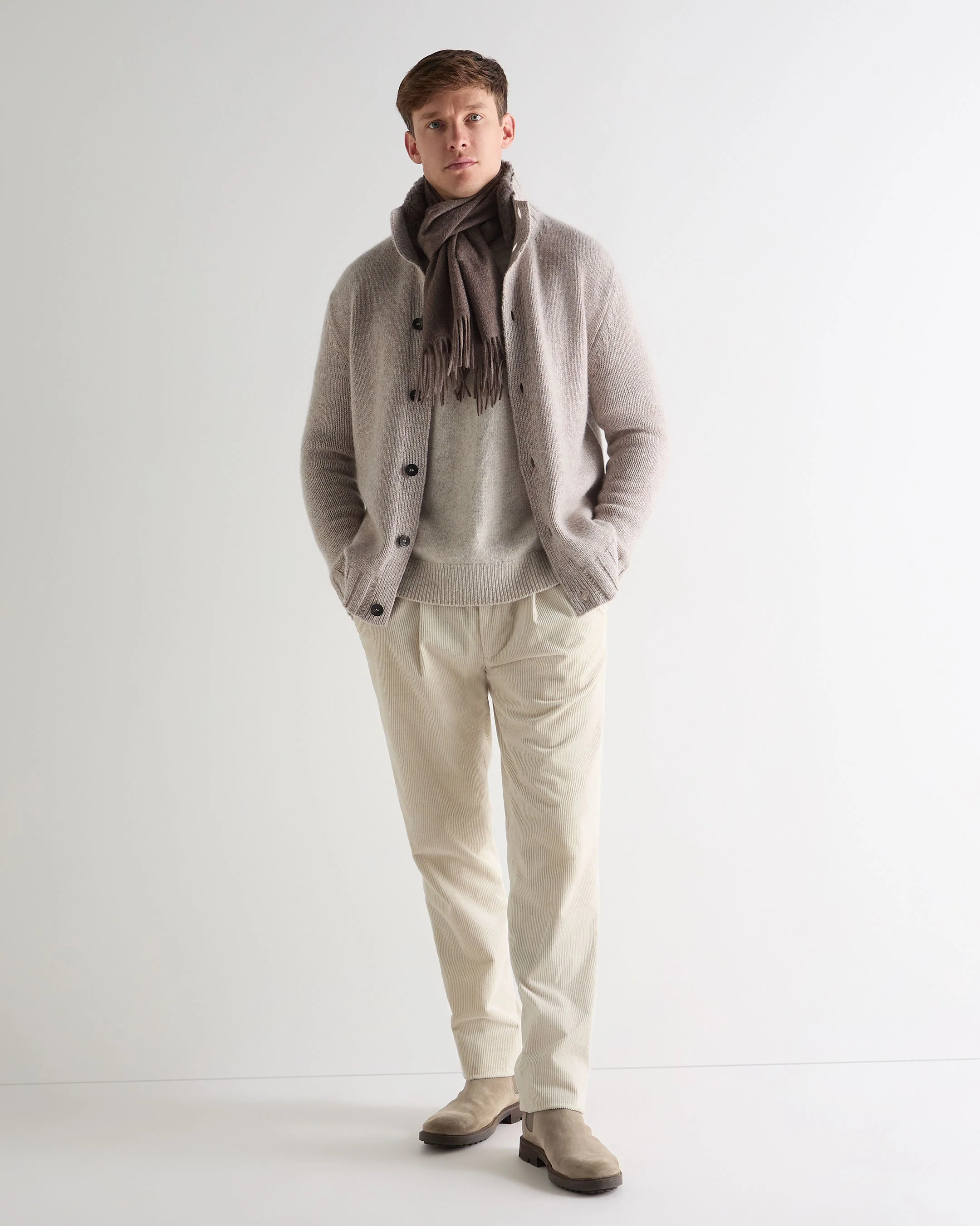 Men's Button Through Cashmere Cardigan With Fur Basilica Beige Brown
