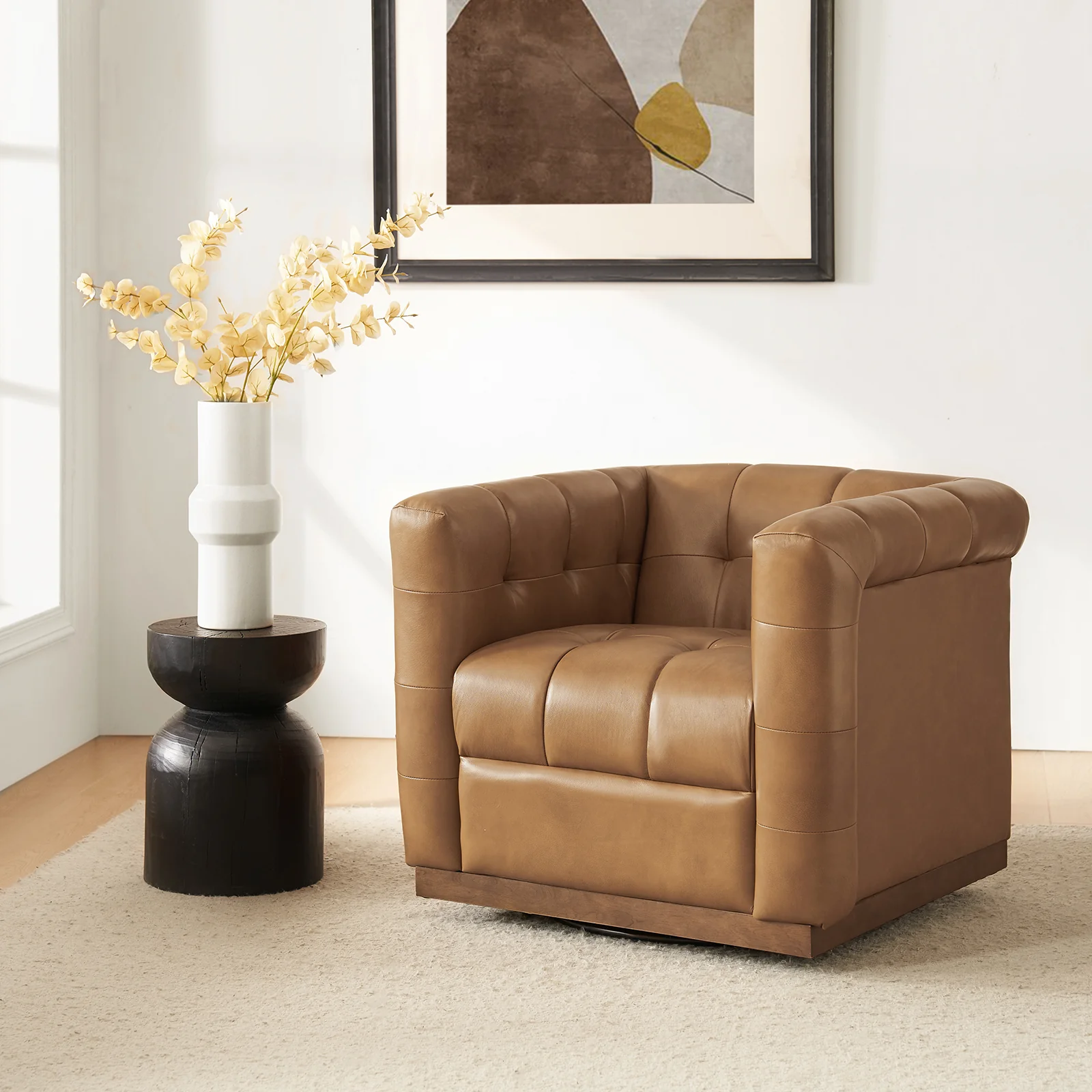 Arnold Genuine Leather Swivel Club Chair in Camel