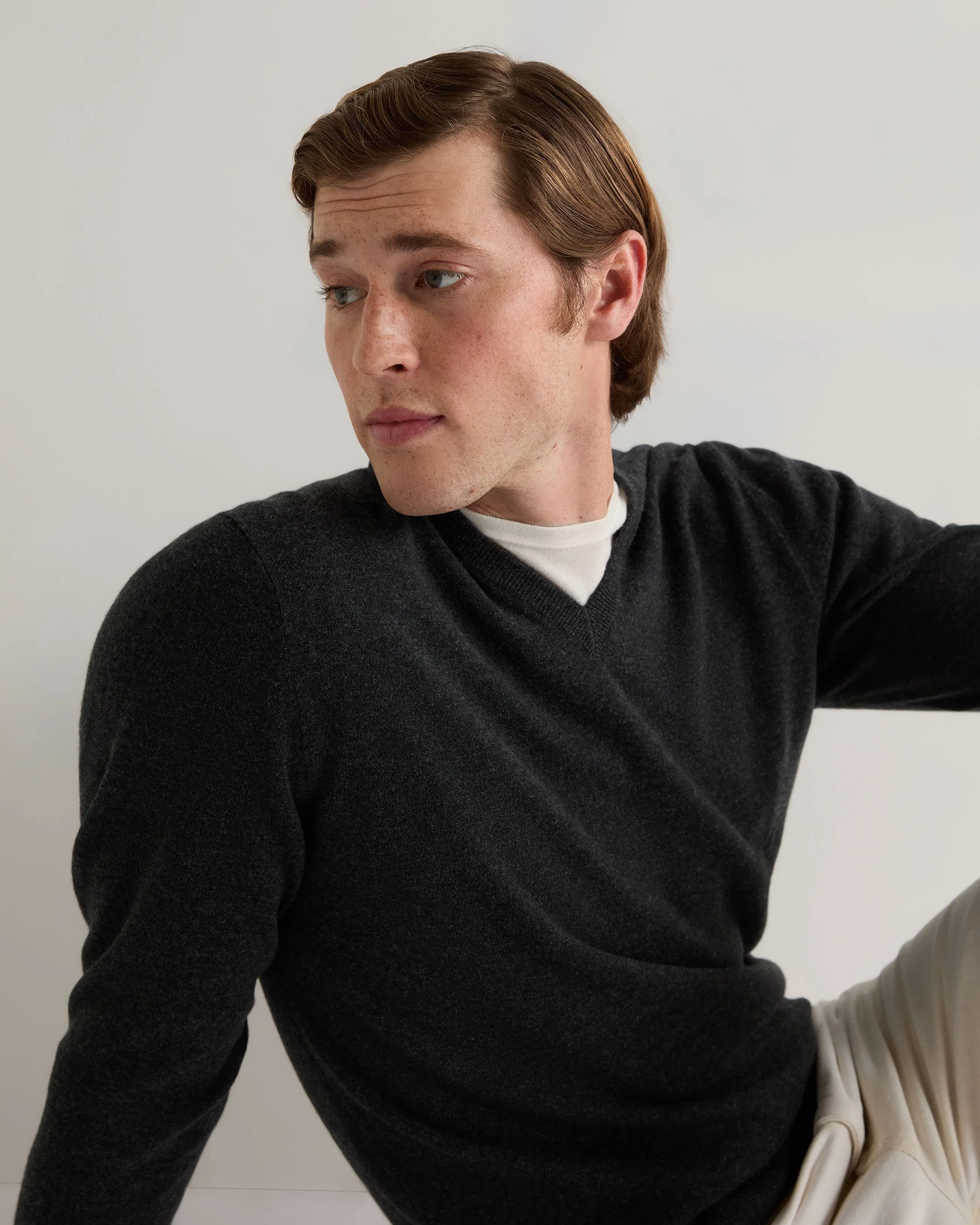 Men's Burlington V Neck Cashmere Jumper Dark Charcoal Grey