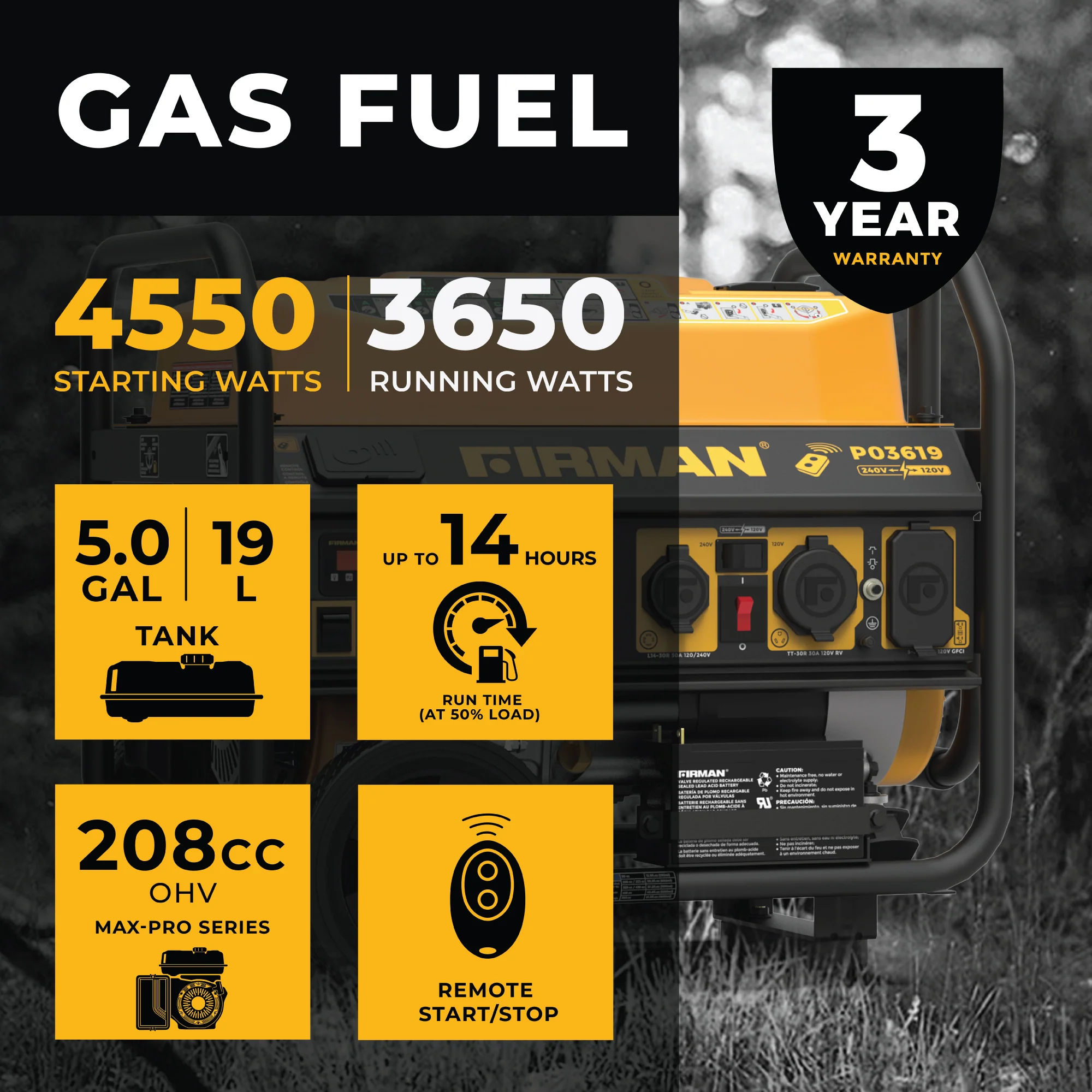 Gas Portable Generator 4550W Remote Start 120/240V