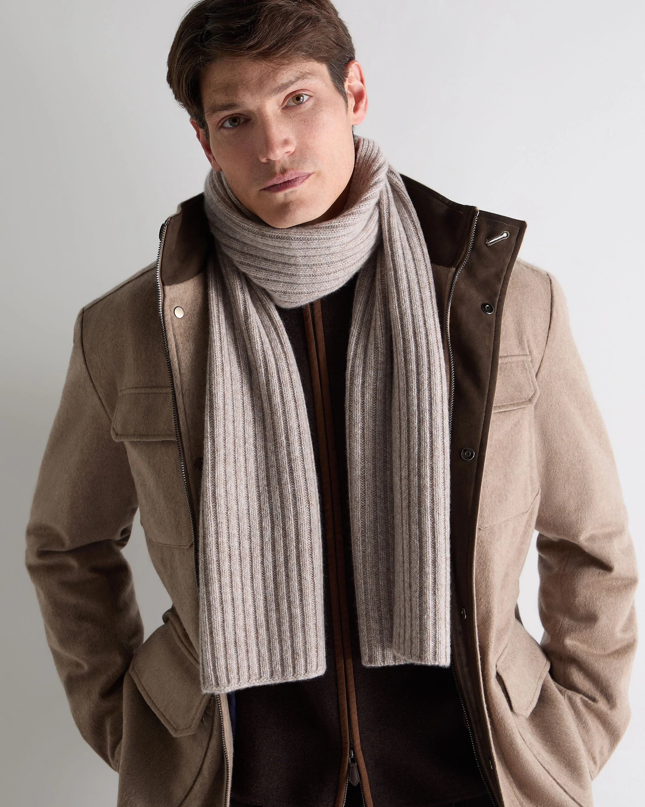 Unisex Short Ribbed Cashmere Scarf Basilica Beige Brown Marl