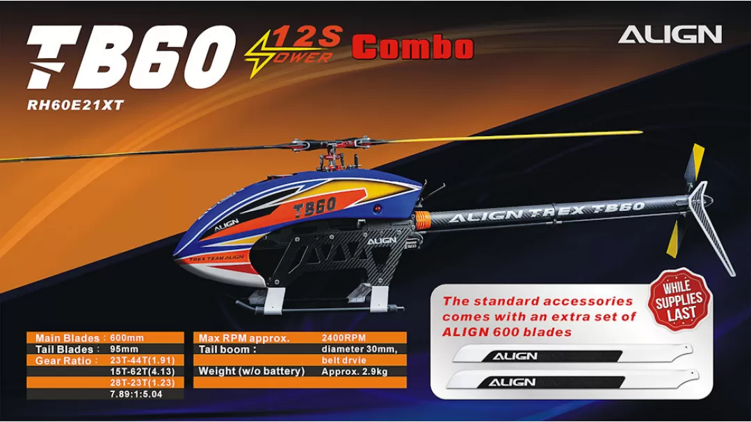 Align T-REX TB60 Electronic RC Helicopter - 12S Combo RH60E21XW / 6S Combo RH60E26XW / Kit RH60E31XW