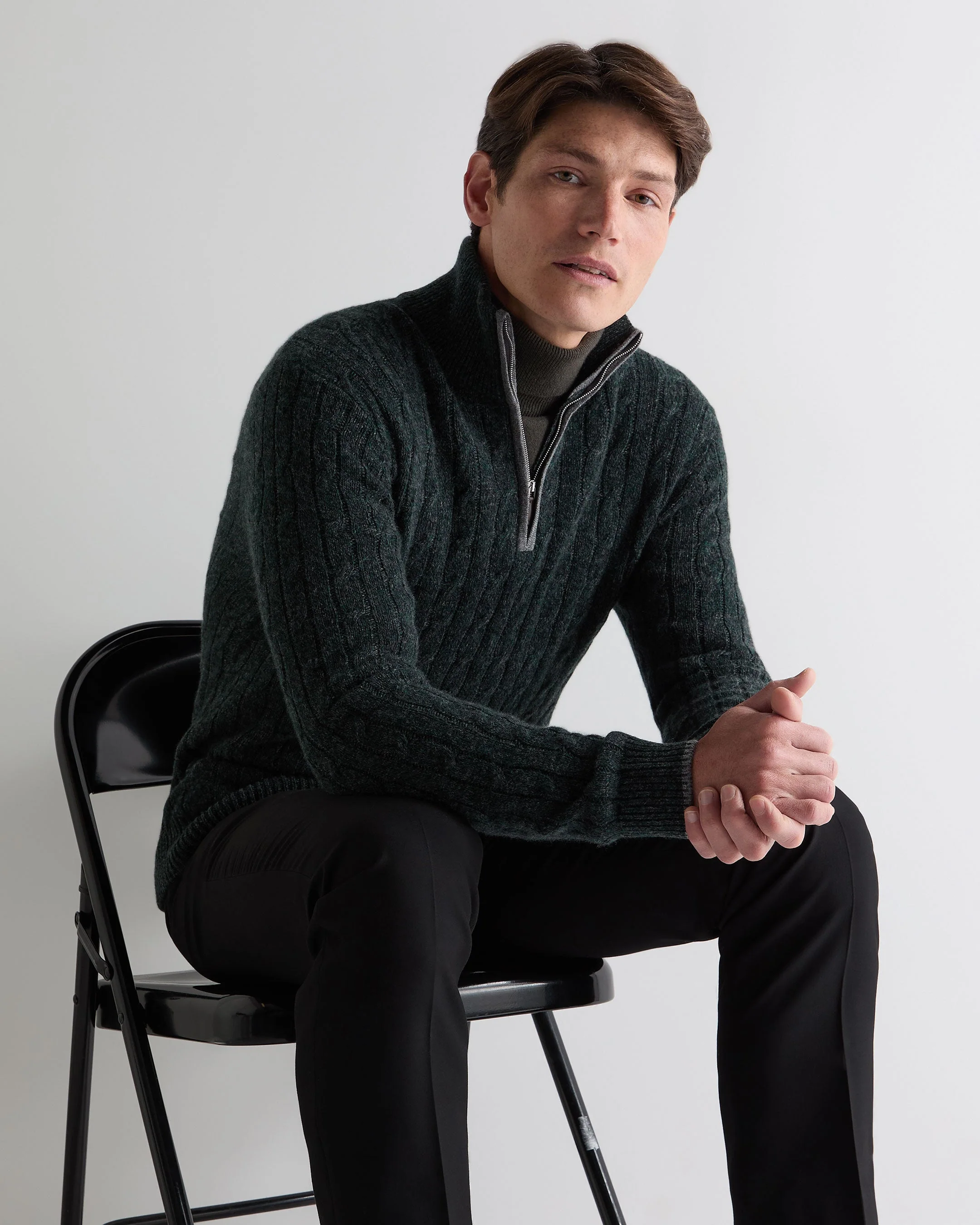 Men's Albemarle Cable Half Zip Cashmere Jumper Green Melange