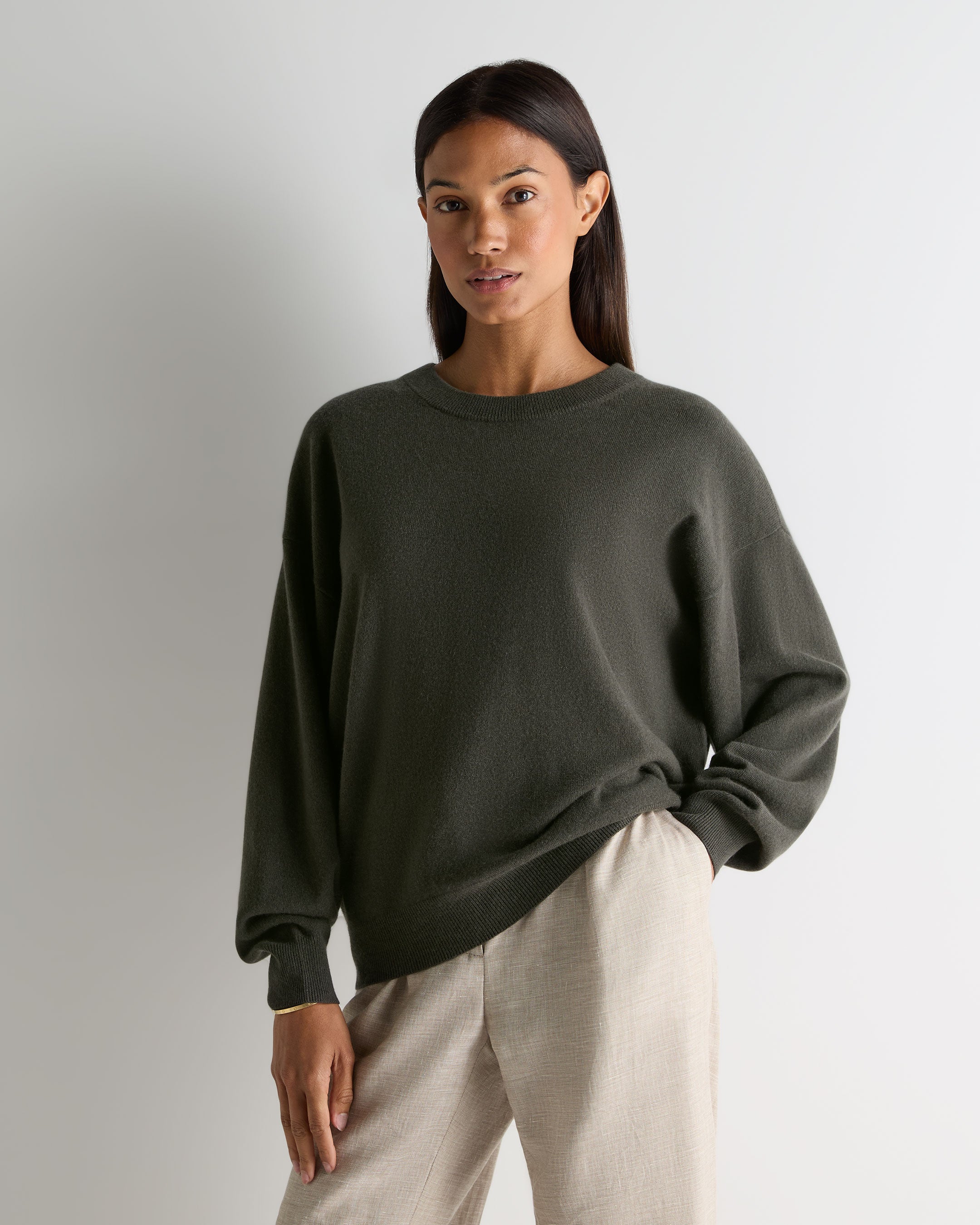 Women's Oversized Round Neck Cashmere Sweater Arabica Khaki Green