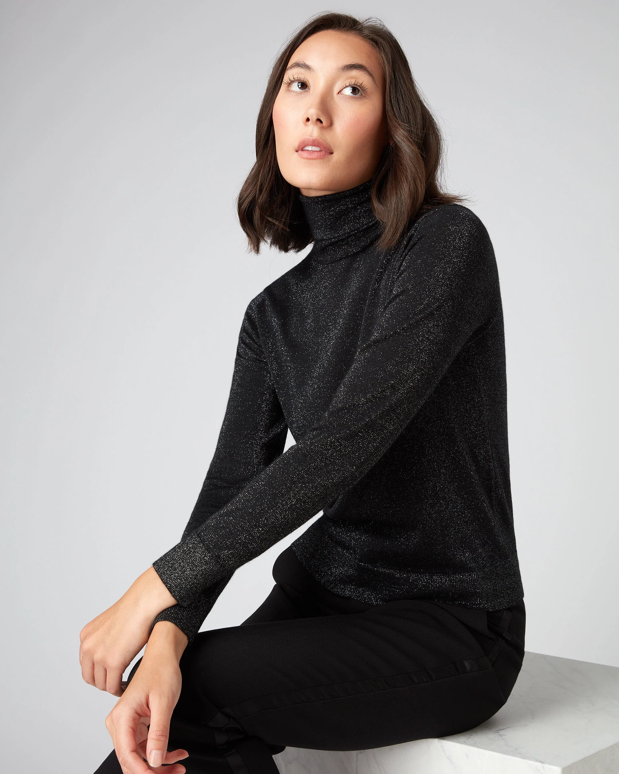 Women's Margot Superfine Cashmere Turtle Neck Sweater With Lurex Black Sparkle