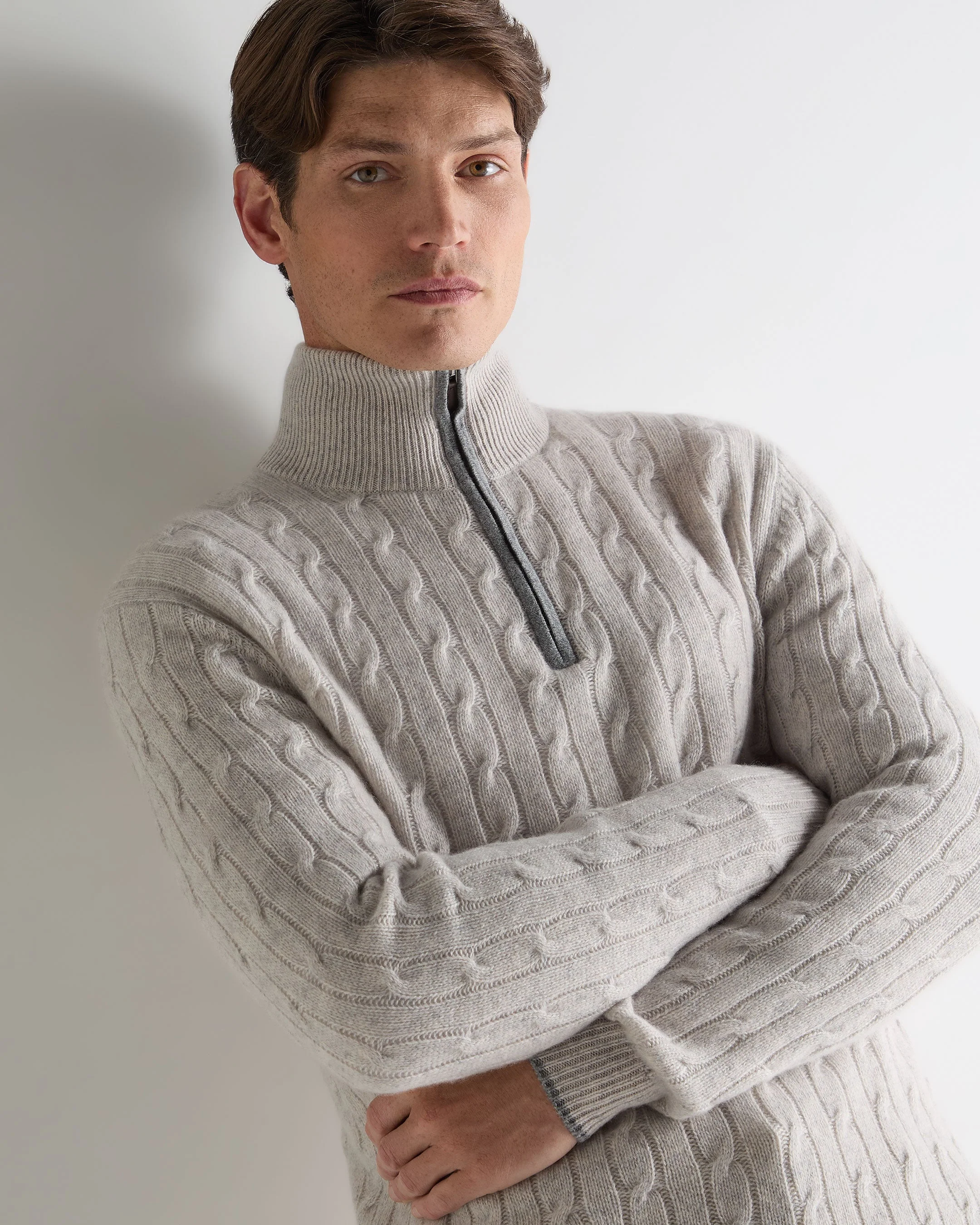 Men's Albemarle Cable Half Zip Cashmere Jumper Nougat Brown Marl