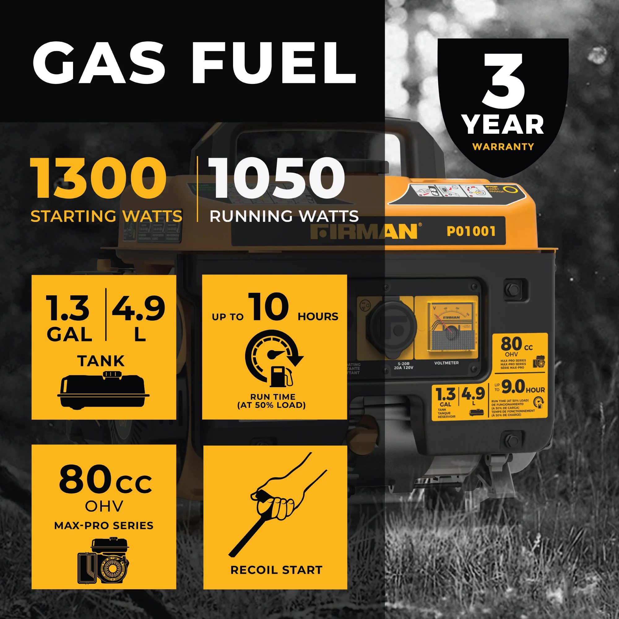 Gas Portable Generator 1300W Recoil Start