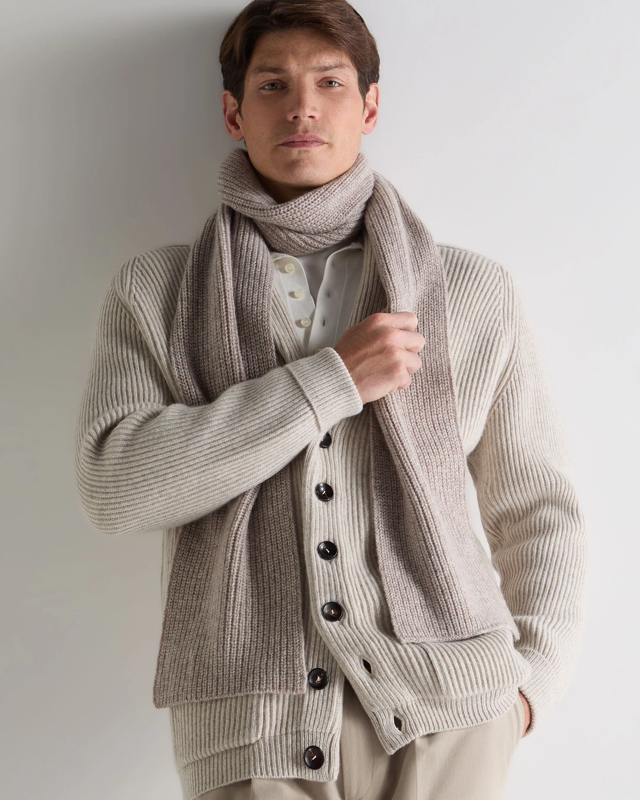 Unisex Ribbed Cashmere Scarf Basilica Beige Brown Marl