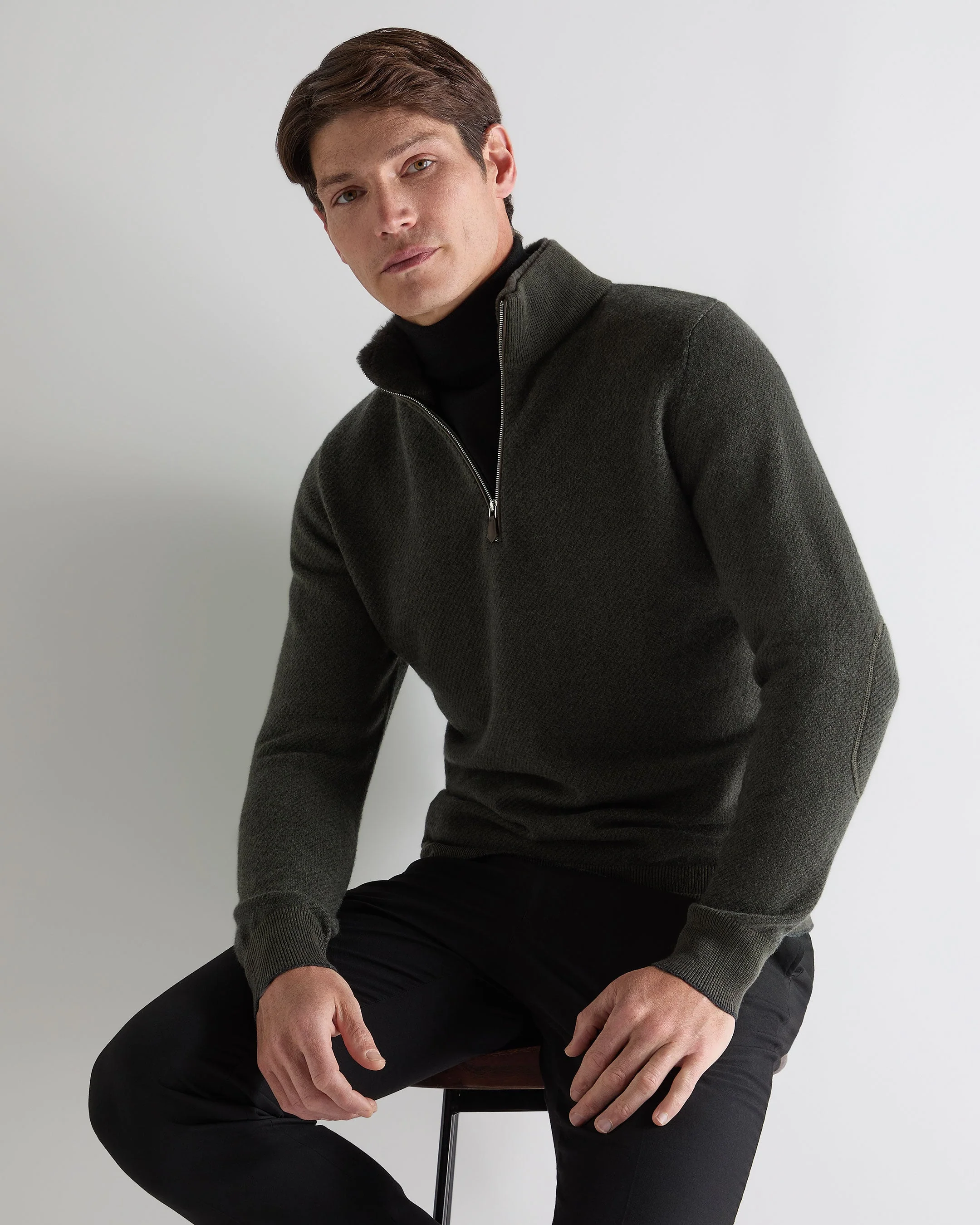 Men's Fur Trim Half Zip Cashmere Jumper Arabica Khaki Green