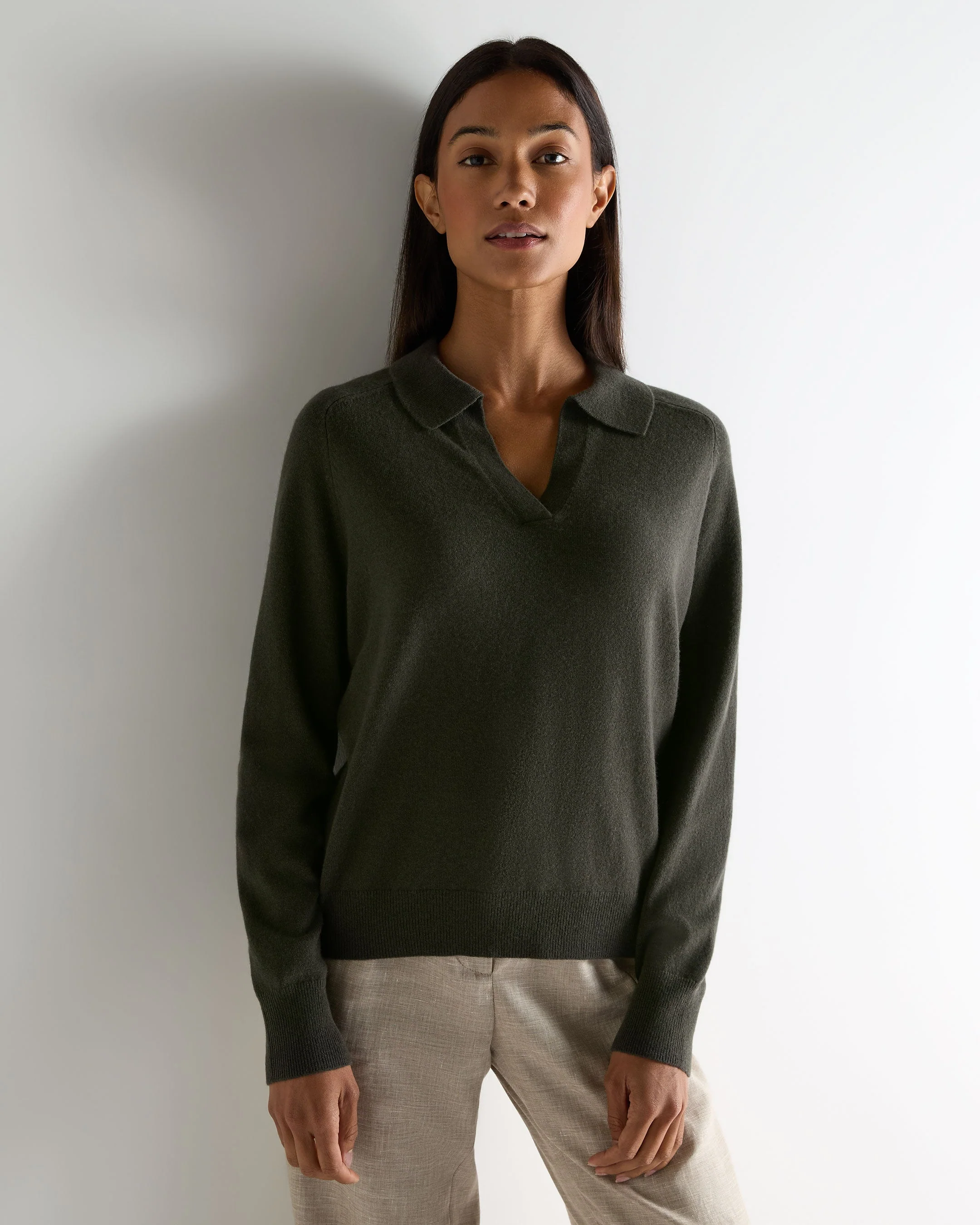 Women's Harriet Cashmere Polo Shirt Arabica Khaki Green