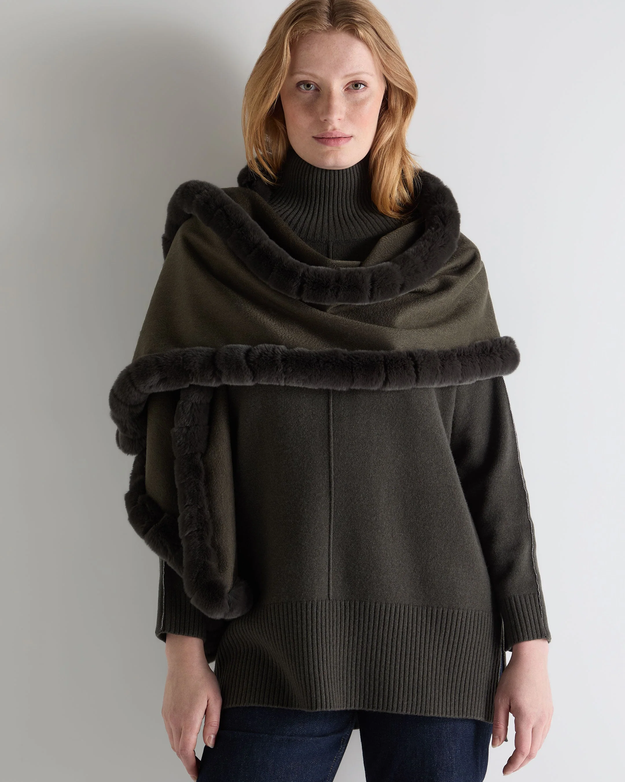 Women's Meribel Woven Fur Trim Scarf Arabica Khaki Green