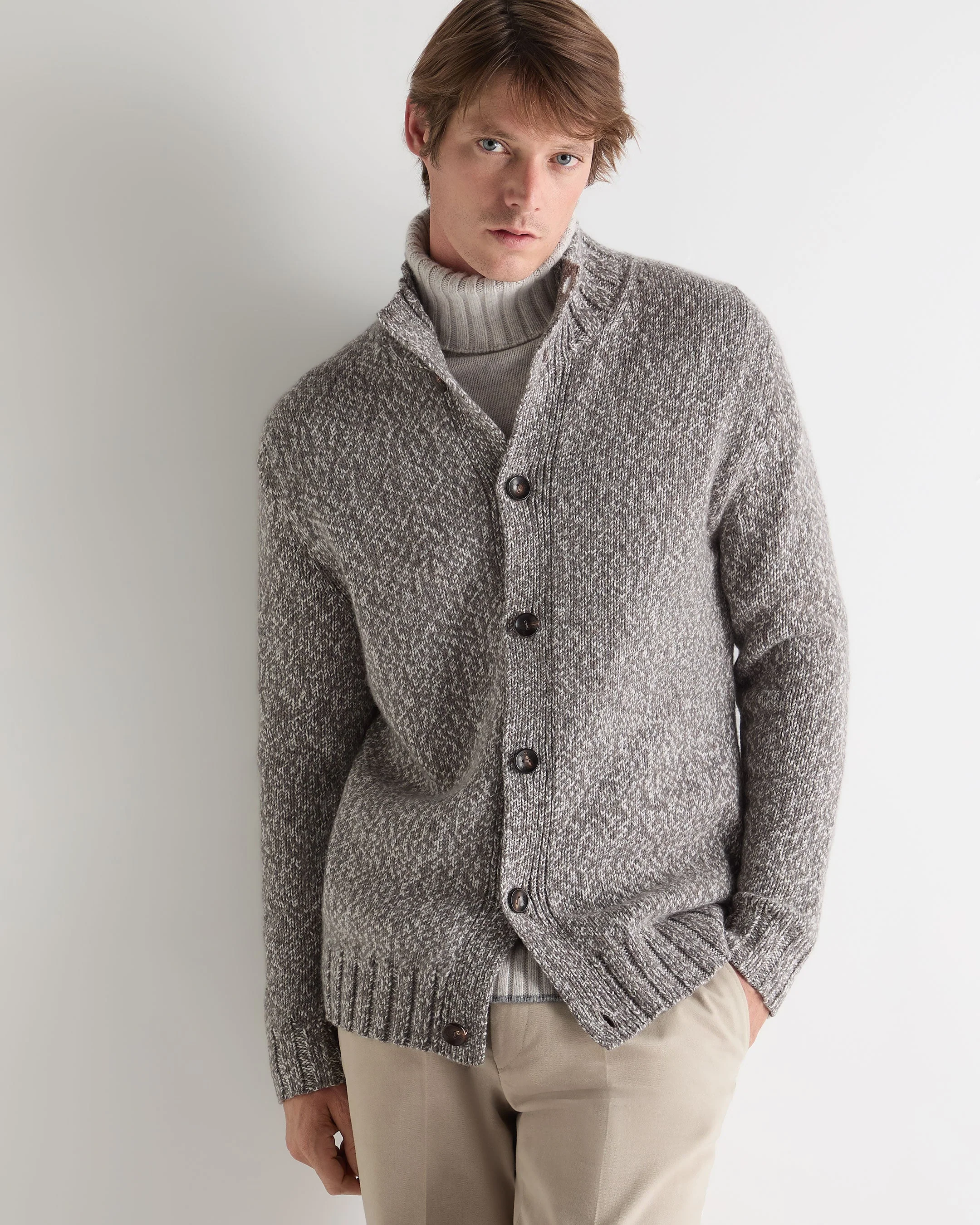Men's Button Through Marl Cashmere Cardigan Soft Truffle Brown Marl