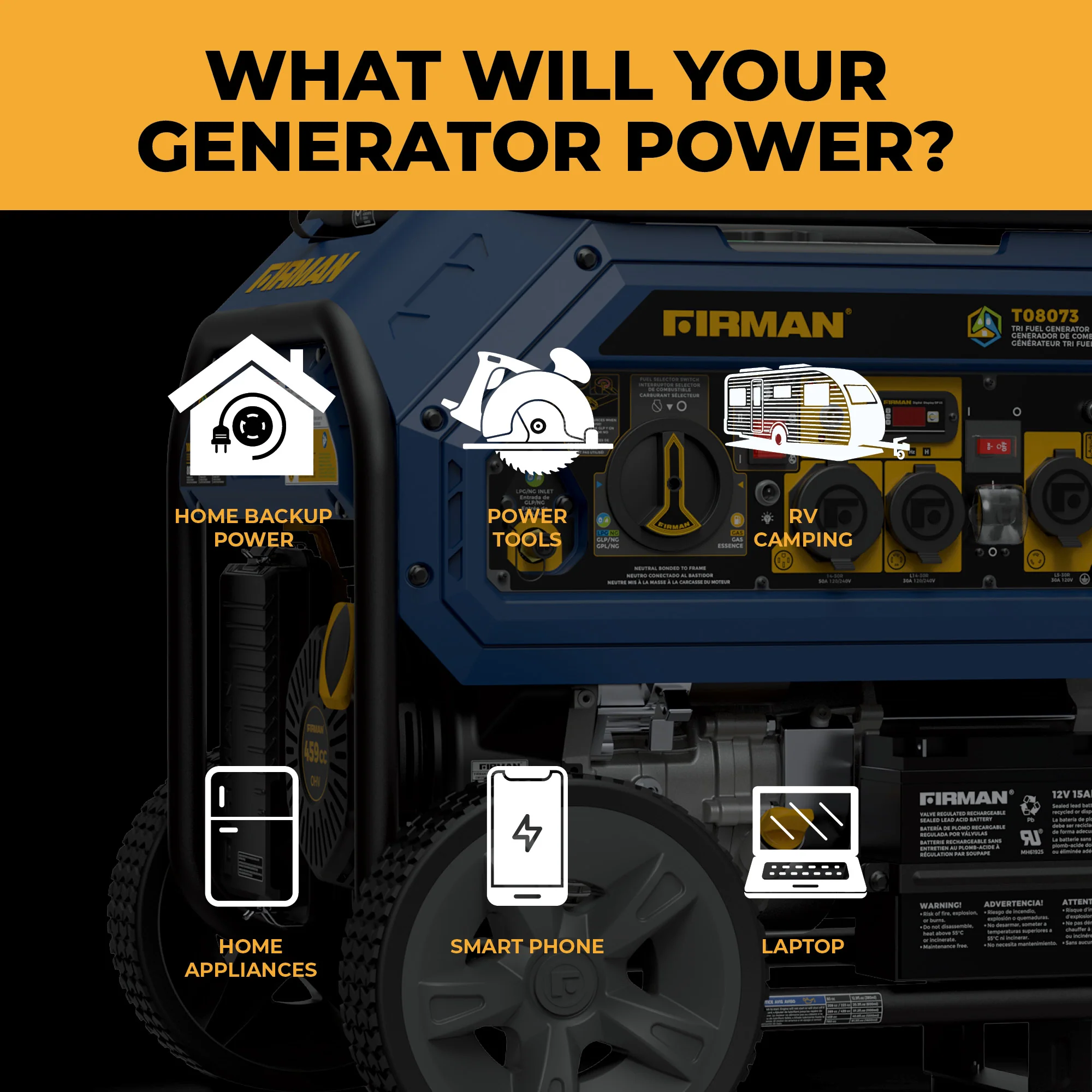 Tri Fuel  Portable Generator 10000/8000W Electric Start With CO Alert