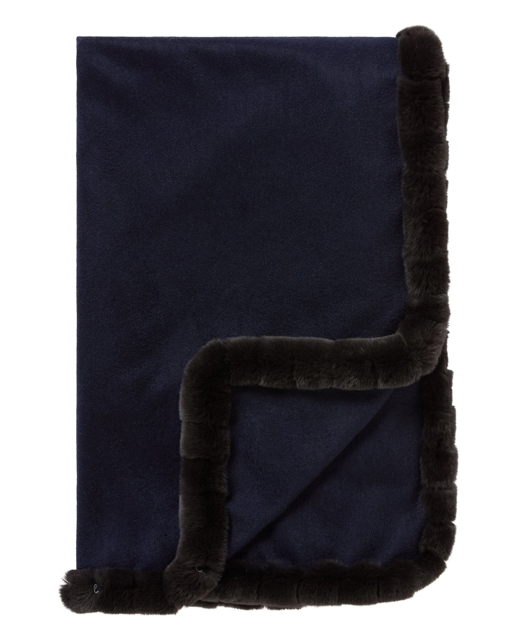 Women's Meribel Woven Fur Trim Cashmere Shawl Navy Blue